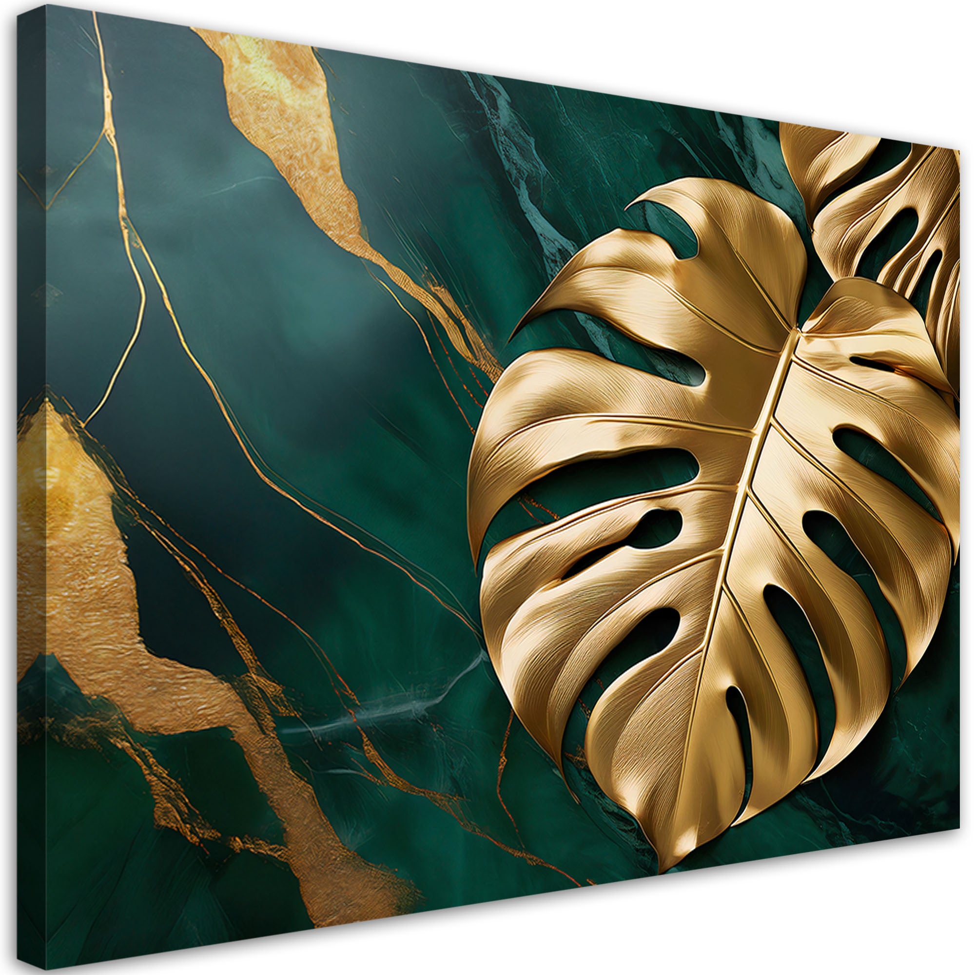 Obraz na płótnie, Monstera Złoty Liść Na Tle Zielonego Marmuru 120x80