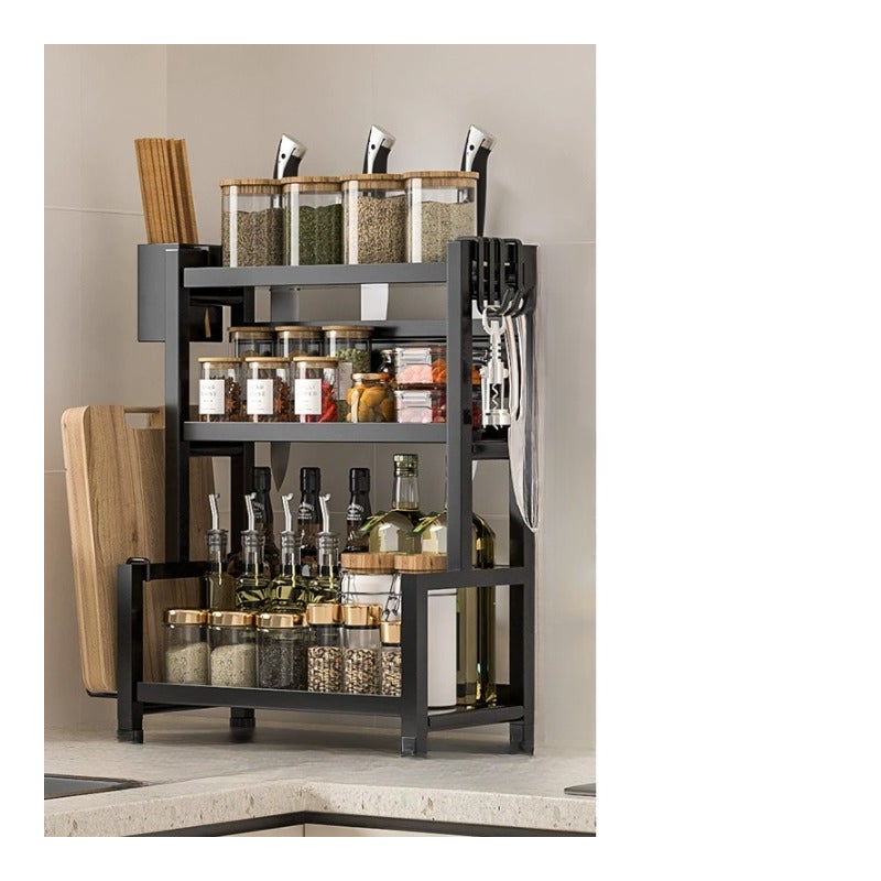 Półka kuchenna, stojak na przyprawy, wielofunkcyjna półka do przechowywania, z uchwytem na pałeczki + uchwytem na deskę do krojenia, haczyki