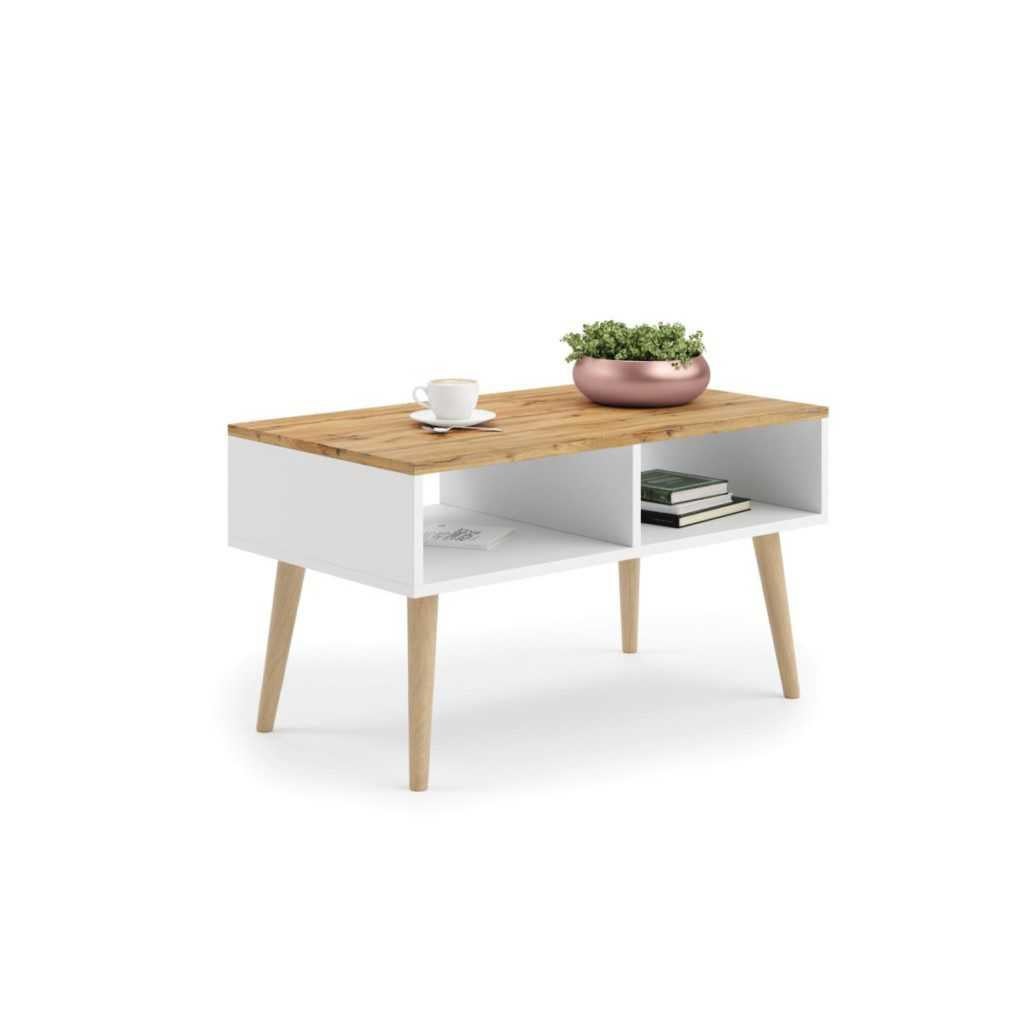 Table Basse SOLA - Plateau Chêne Sonoma 90x43 Cm Avec étagère - Style Scandinave, Pieds Noirs - Salon Design Et Pratique - 4