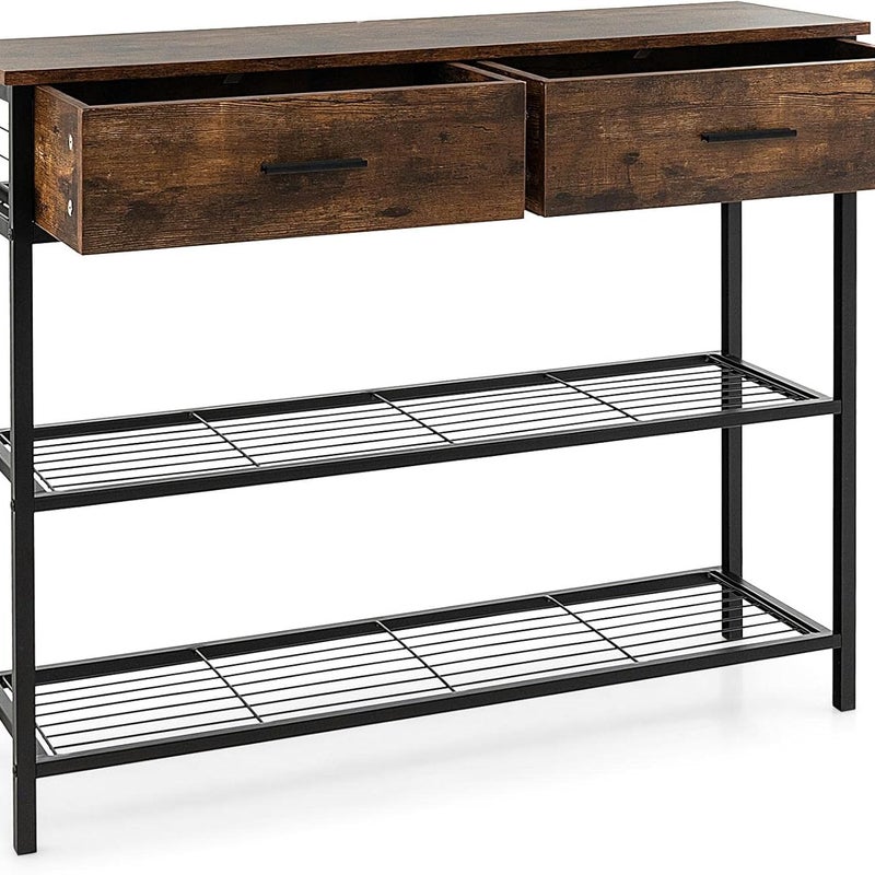 Industrialny Stolik Konsolowy do Przedpokoju, Dwupoziomowa Konsola z Siatki z 2 Szufladami do Przechowywania, Stolik Pomocniczy (Brązowy Rustykalny)