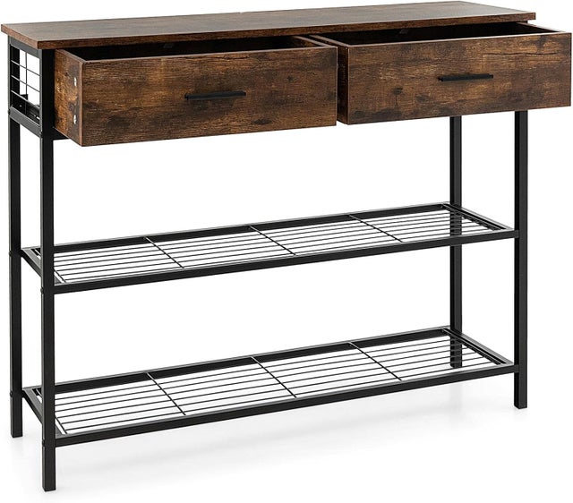 Consolle Industriale, Consolle a 2 Ripiani in Rete con 2 Cassetti, Tavolino Laterale (Marrone Rustico)