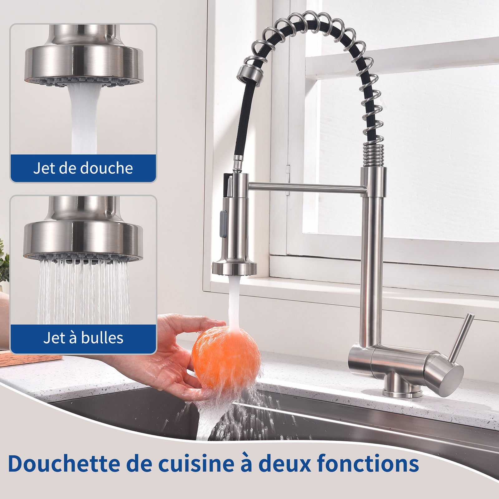Mitigeur de Cuisine brossé pliable à ressort avec douchette 2 Jets, Robinet Cuisine d'Evier Rabattable Rotatif à 360° en Inox 304 - 4