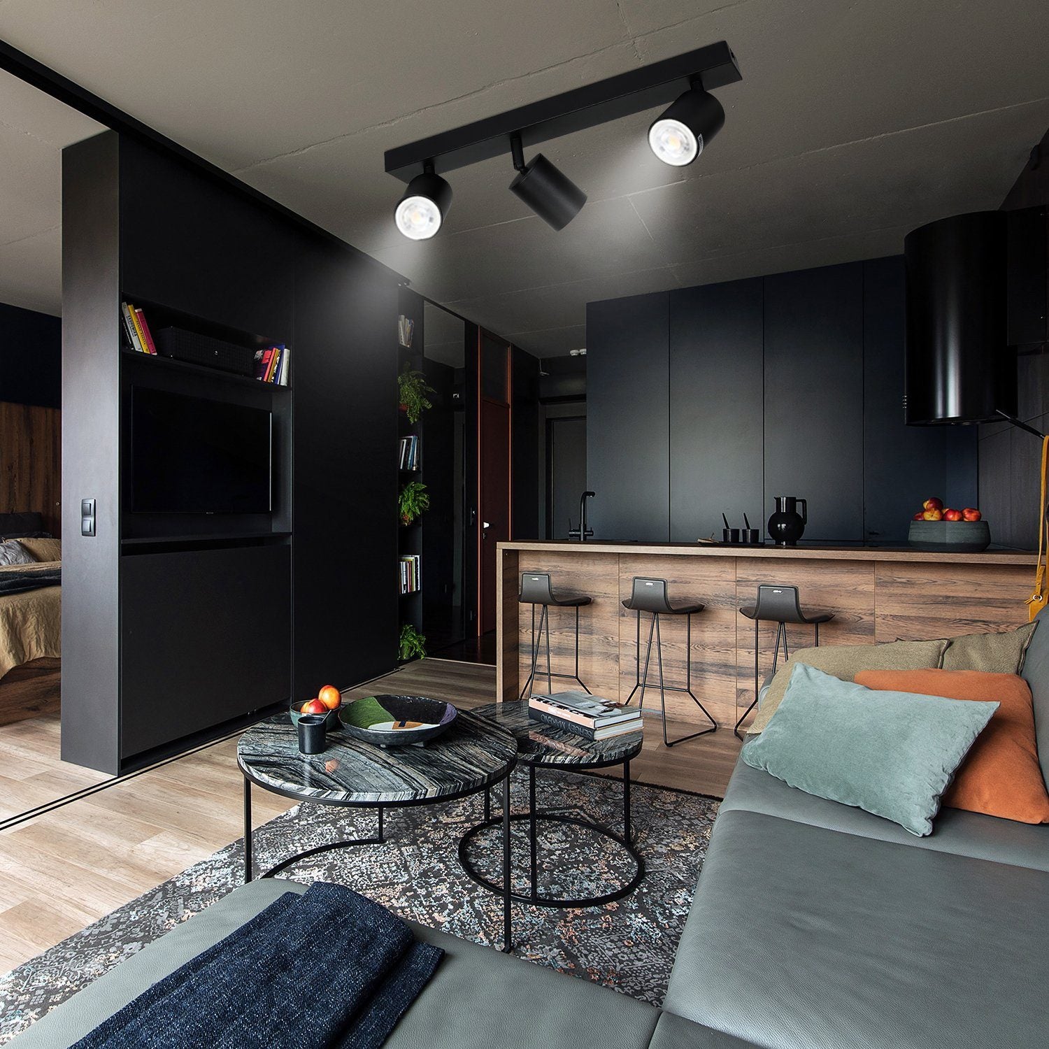 NETTLIFE 3 focos máx.25w LED Candeeiro de teto preto GU10 Candeeiro de moderno giratório de 350° Candeeiro de parede industrial para sala de estar, - 8