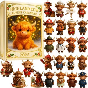 Calendario Dell’Avvento 2025 Highland Cow – 24 Mini Ornamenti A Forma Di Mucca Vestita, Decorazione Natalizia, Conto Alla Rovescia