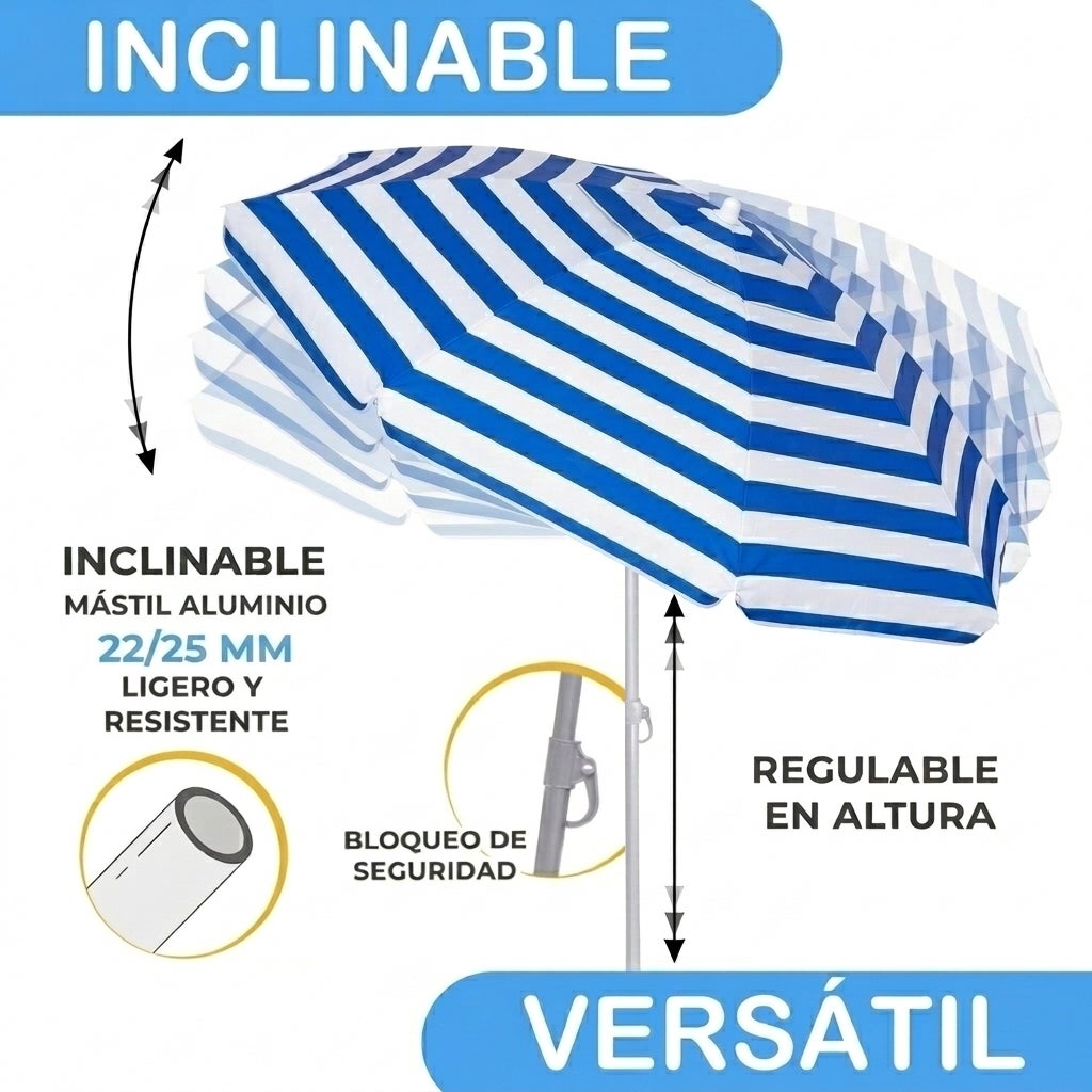 Sombrilla Playa Grande 200cm Plegable Anti Viento Protección Solar de Raya Azul - 4