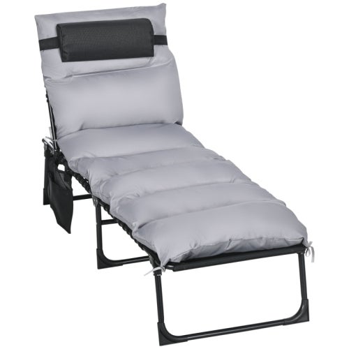 Chaise longue pliante 5 positions avec coussin et appui-tête, structure acier, tissu respirant, 58x189x32,5cm, 120kg, gris clair - 2