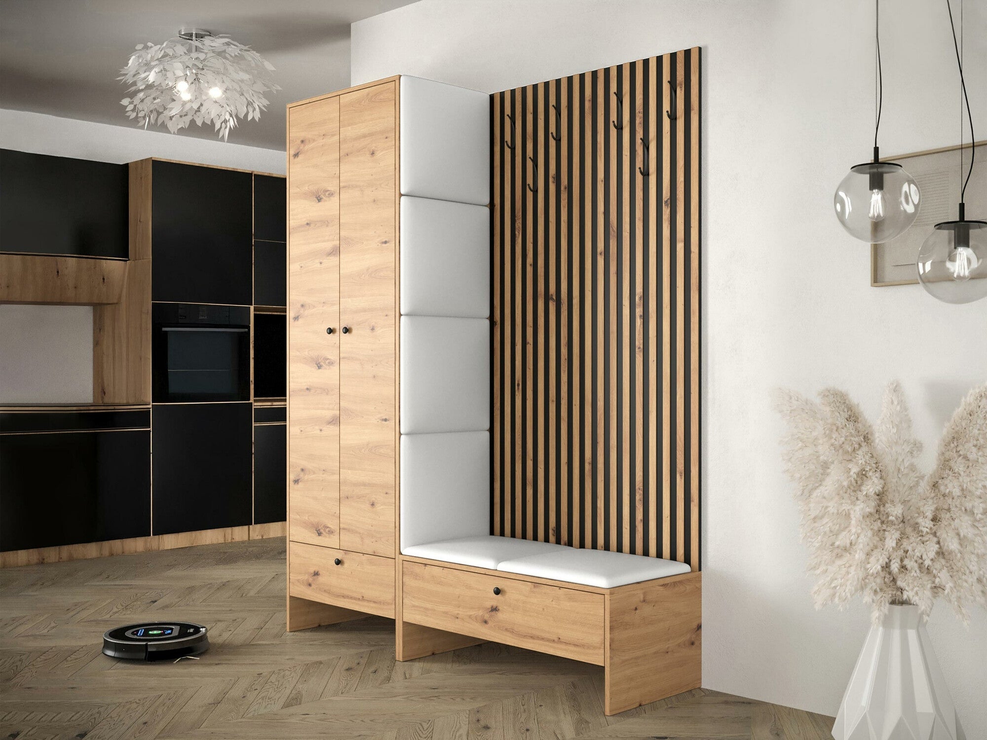 Meuble d'entrée Donio III, 206x145x44cm, Chêne Artisan, Noir, Stratifié, Faux cuir, À poser - 2