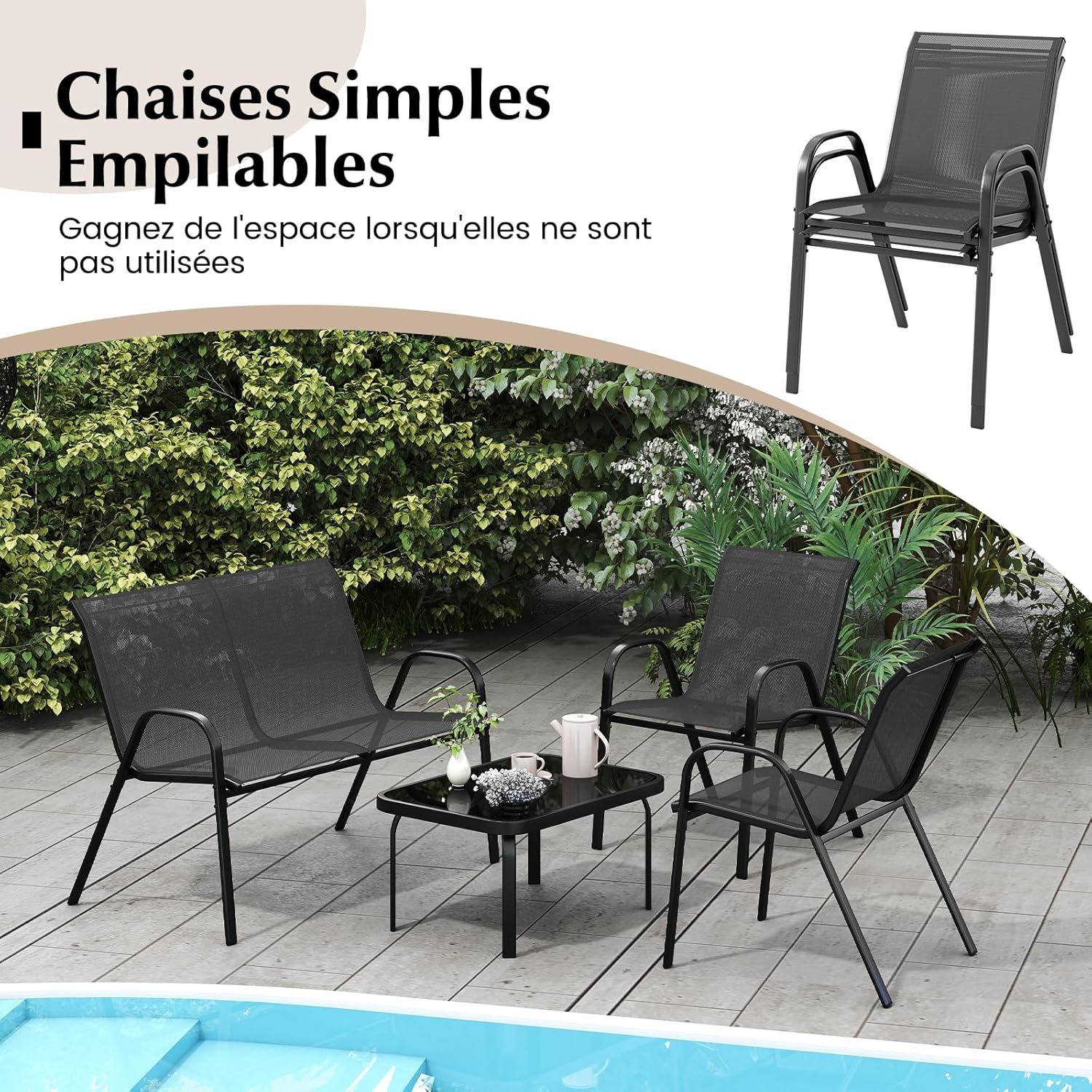 Salon de Jardin 4 Personnes Exterieur, 4 Pcs Canapé Exterieur avec Table Basse en Verre Trempée, 2 Fauteuils,pour Terrasse,Balcon (Gris) - 4