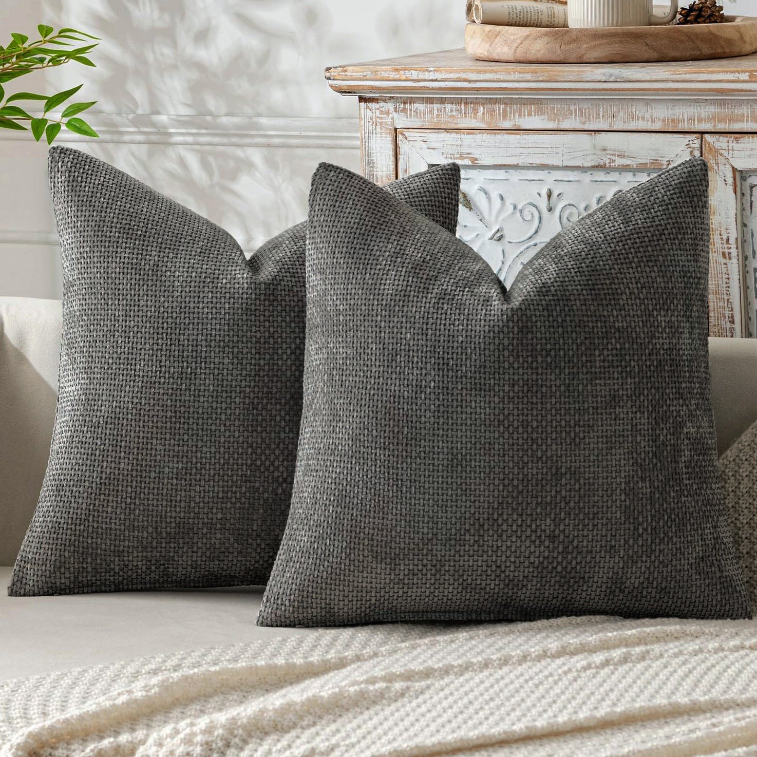 Ewolee Set 2 Federe Per Cuscini 45x45 Cm – In Ciniglia Morbida – Grigio, Con Cerniera Invisibile – Per Divano E Letto - 4