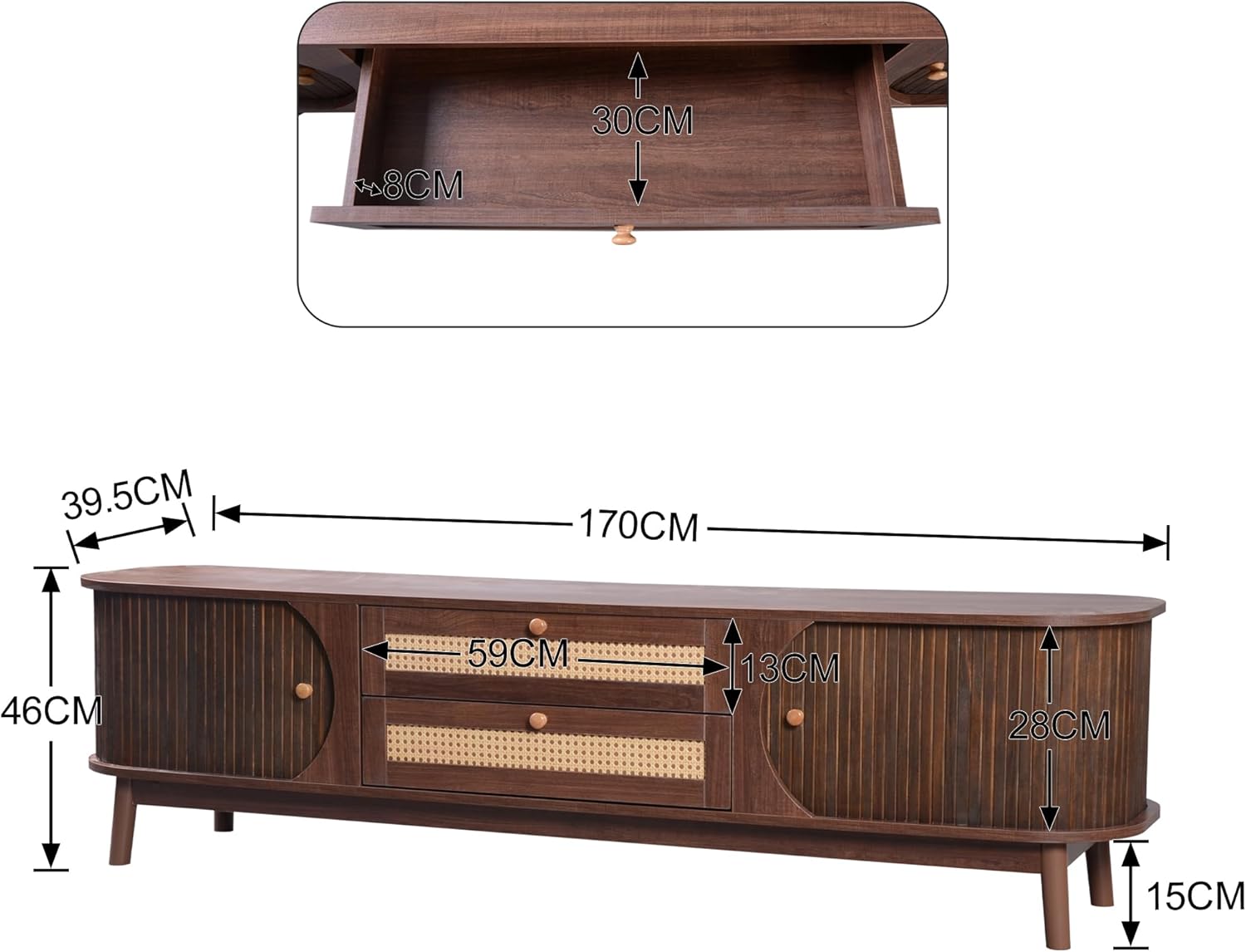 Meuble TV 170 cm en Bois Massif et Rotin, Meuble TV Bas avec 2 tiroirs et 2 portes coulissantes - Marron - 5