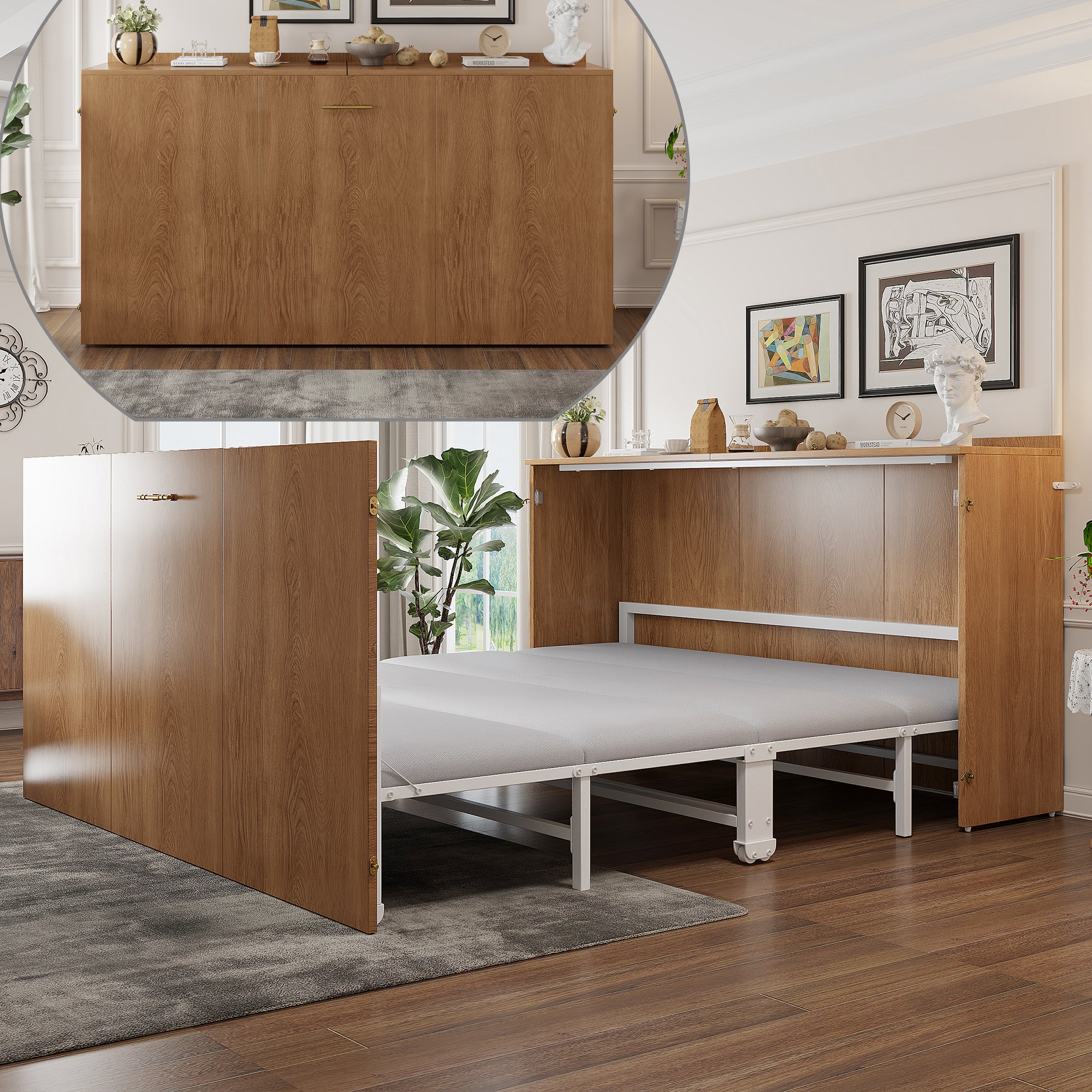 Łóżko chowane w ścianie 140 x 200 cm z materacem lnianym – Metal i drewno – Oszczędny w miejscu system składania z cichymi kółkami – Drewno - 4