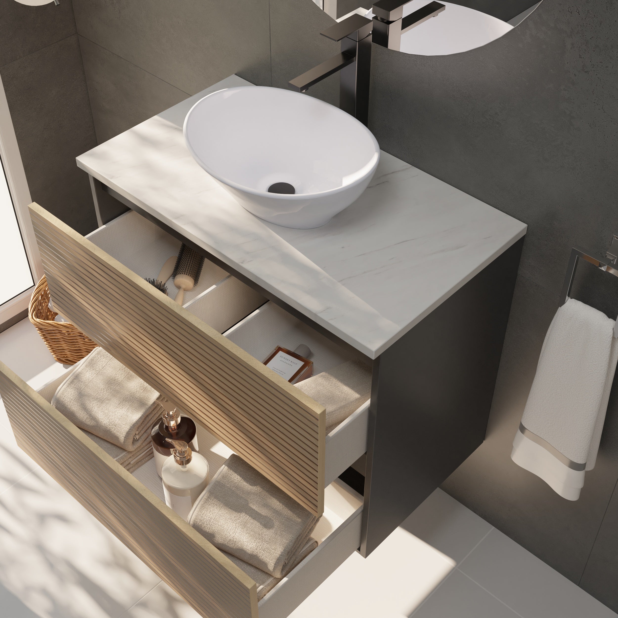 CONJUNTO DE BAÑO YINU | 80 CM NEGRO - SOLOMON | DOS CAJONES | LAVABO SOBRE ENCIMERA | NO INCLUYE ESPEJO | ALDAY - 2