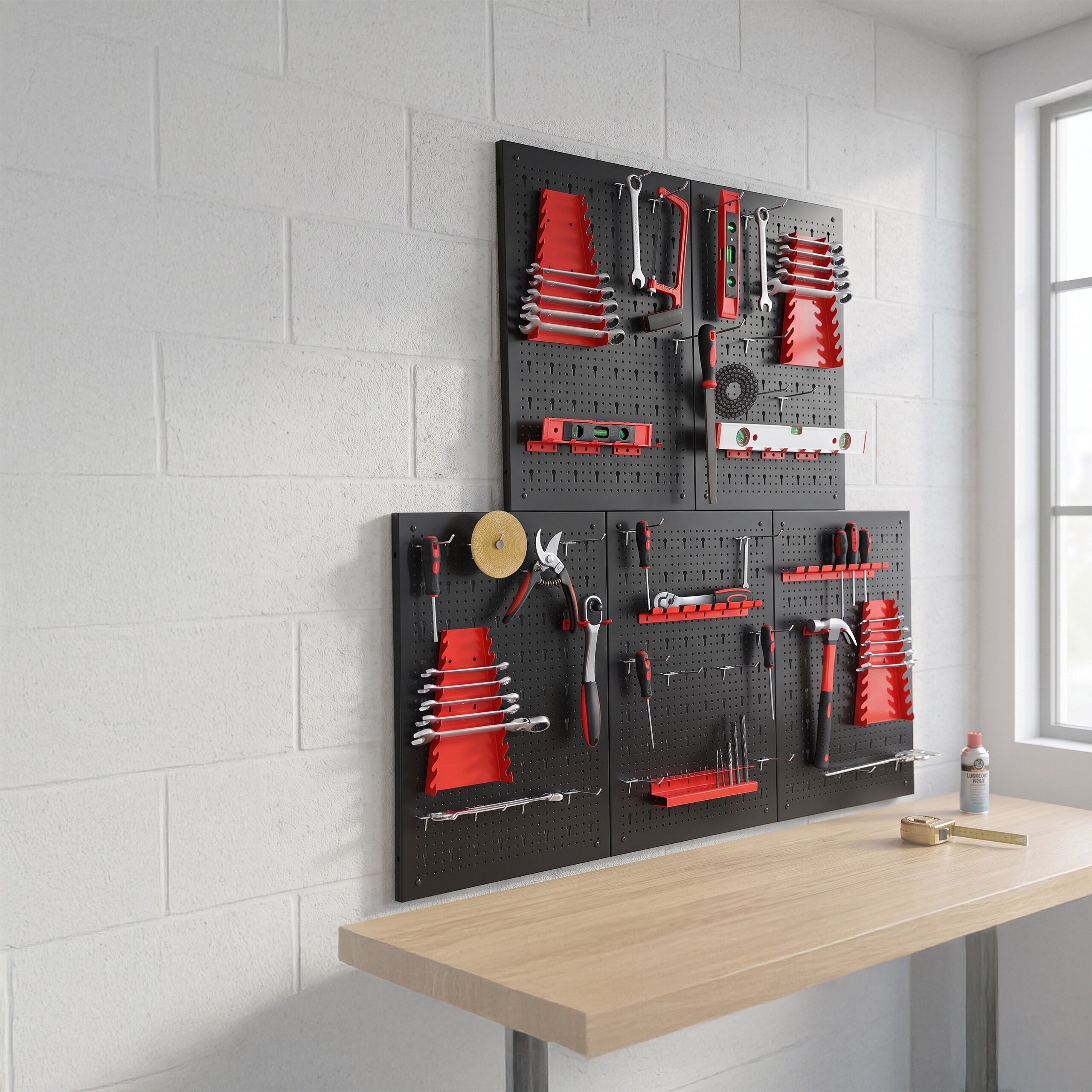 Lot de 5 panneaux porte-outils perforés, kit 48 pièces, 60 x 40 cm (H x L), métal, pour atelier, noir/rouge, Relaxdays - 2