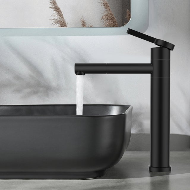 Noir Robinet Salle de Bain Mitigeur pour Vasque Haut Bec Pivotant 360° Robinetterie de Lavabo en Acier Inox Design Moderne
