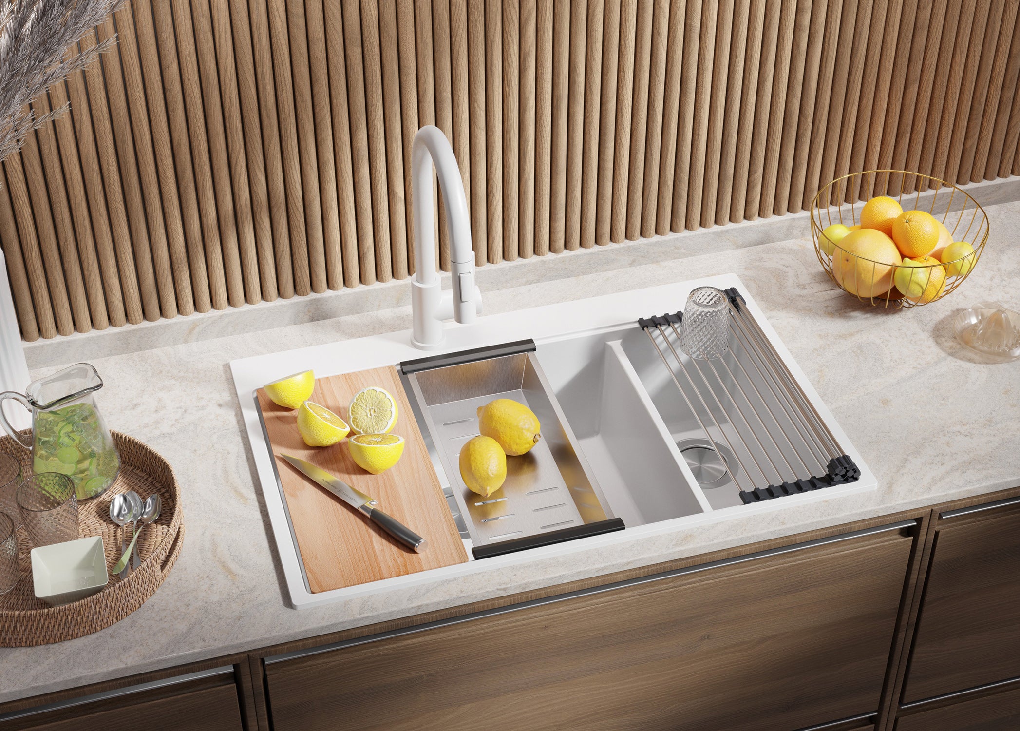 Zlewozmywak Biały 78x50cm, Zlew Kuchenny 2 Komorowy + Syfon + Deska, Nablatowy do szafki od 80cm - Oslo Duo PRIMAGRAN