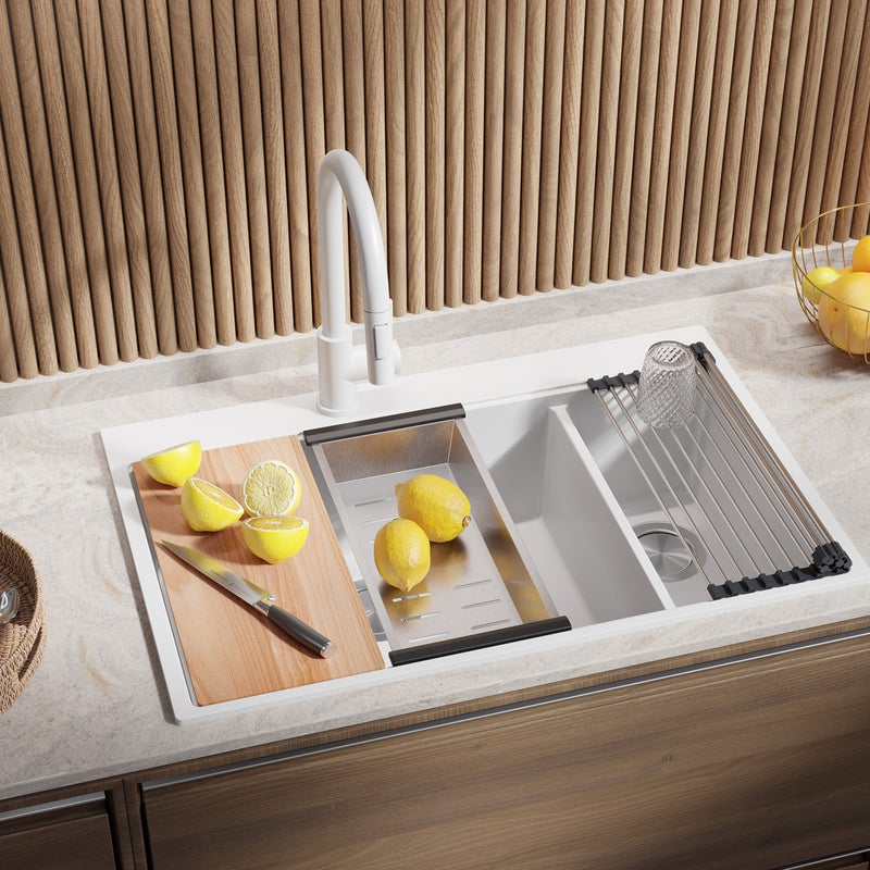 Zlewozmywak Biały 78x50cm, Zlew Kuchenny 2 Komorowy + Syfon + Deska, Nablatowy do szafki od 80cm - Oslo Duo PRIMAGRAN