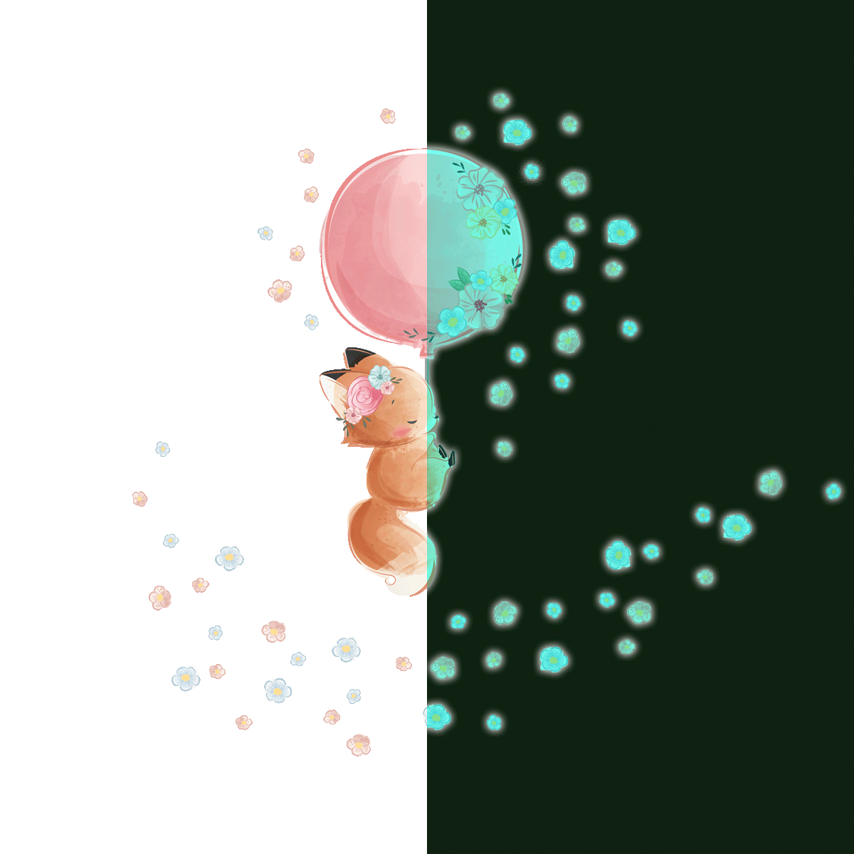 Adesivos fosforescente volpe e il suo pallone + 60 fiori - Sticker adesivo - adesivi murali - 120x150cm - 2