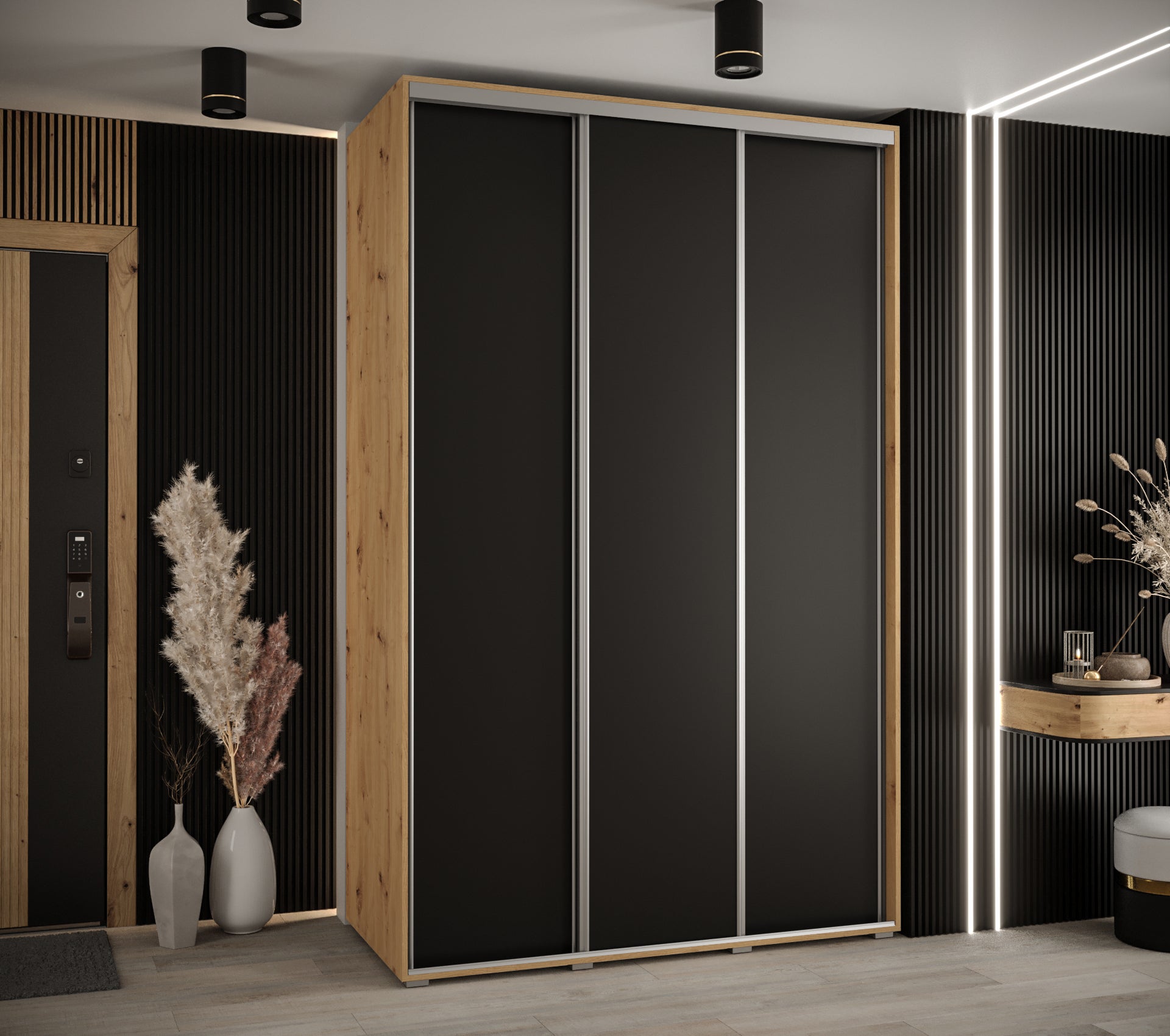 Szafa przesuwna wysoka Davos 1 160 x 60 x 235,2 cm artisan + czarmy + u. srebrny - Abiks Meble - 2