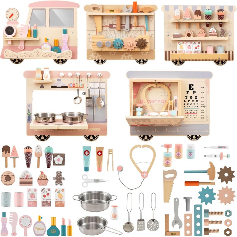 Busy Board Montessori, Tablica Ścienna w Kształcie Pociągu, Tablica Montessori z 5 Panelami, 63 Akcesoria