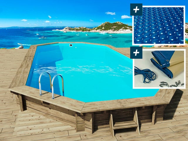 Piscine hors sol bois, Sevilla 130, 8.57 x 4.57 x 1.31 m, Bâche à bulles 180 µ, Bâche hiver 280 g/m²