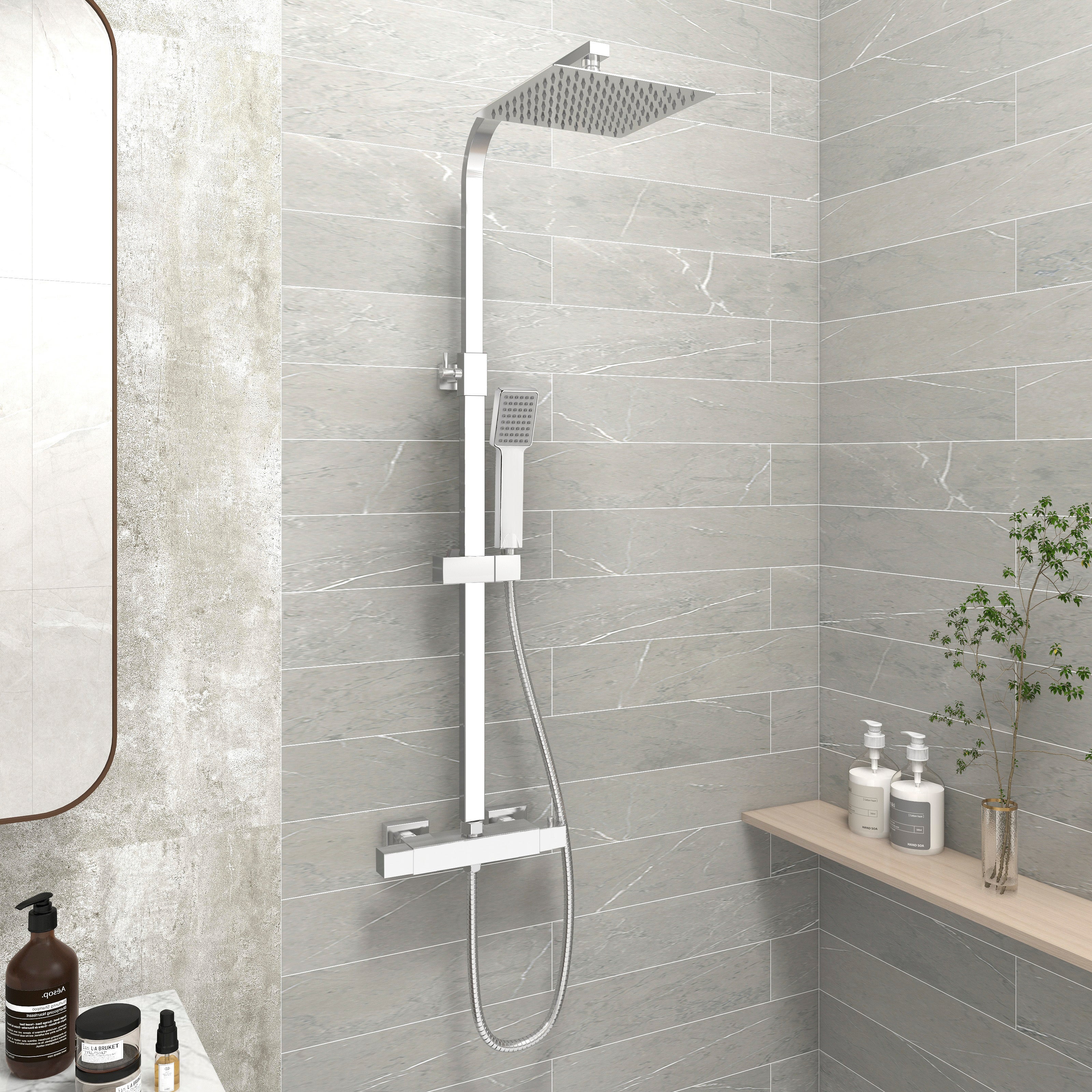 AICA Colonne Doccia Termostatiche, Set Doccia Completo Di Soffione, Doccetta, Rubinetto E Asta Rotondi, Nero Opaco