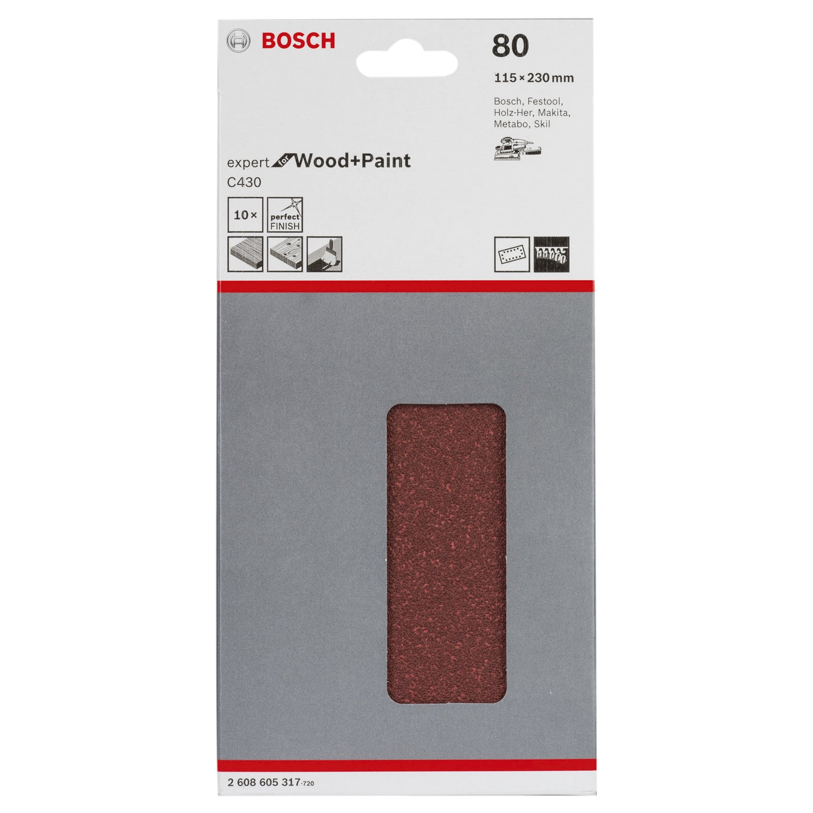 Bosch Professional - 10 Abrasifs pour ponceuse vibrante 115X230 G80 Efw - 2608605317 - 2