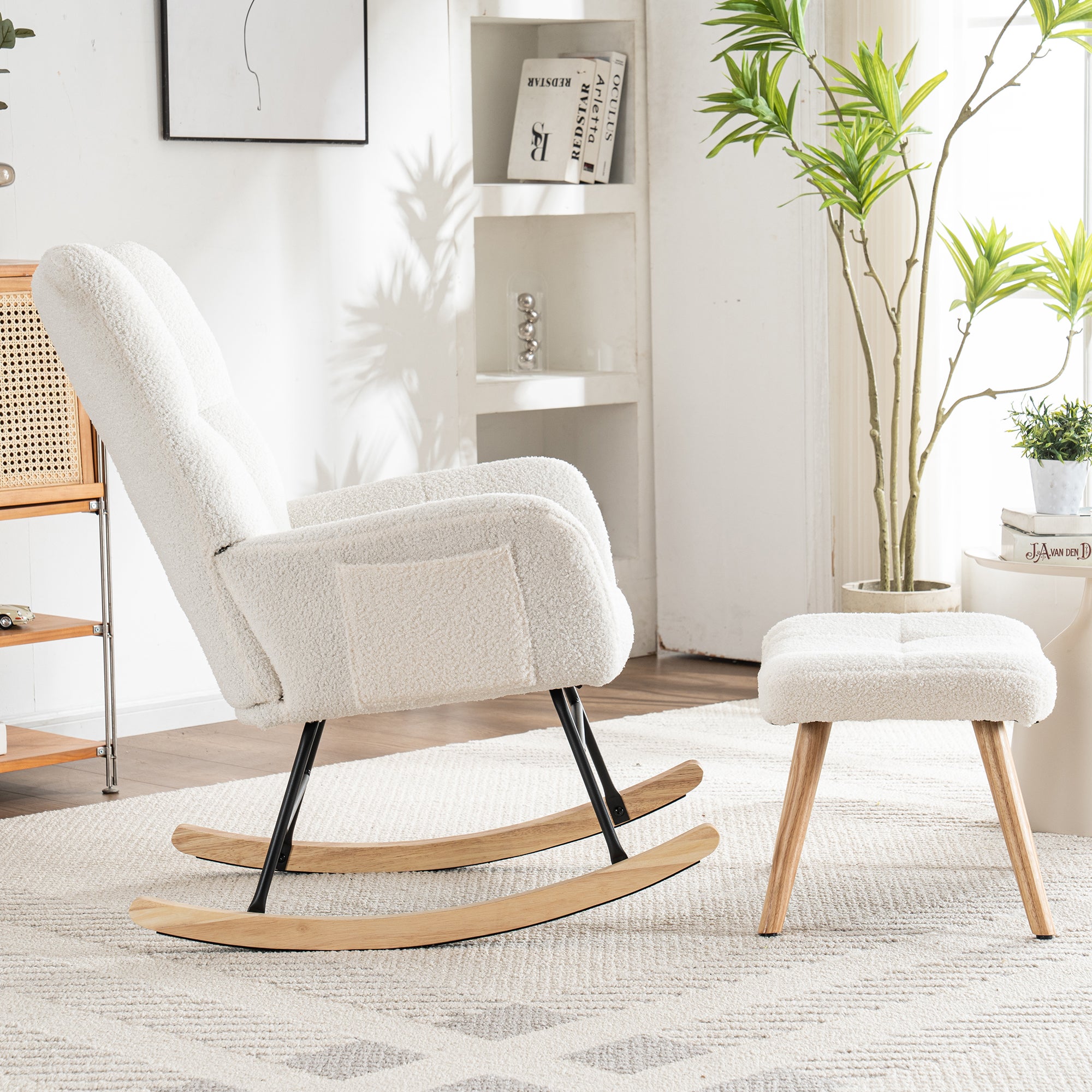 Fauteuil à bascule Rocking chair en tissu bouclette - avec repose-pieds - Blanc - 2