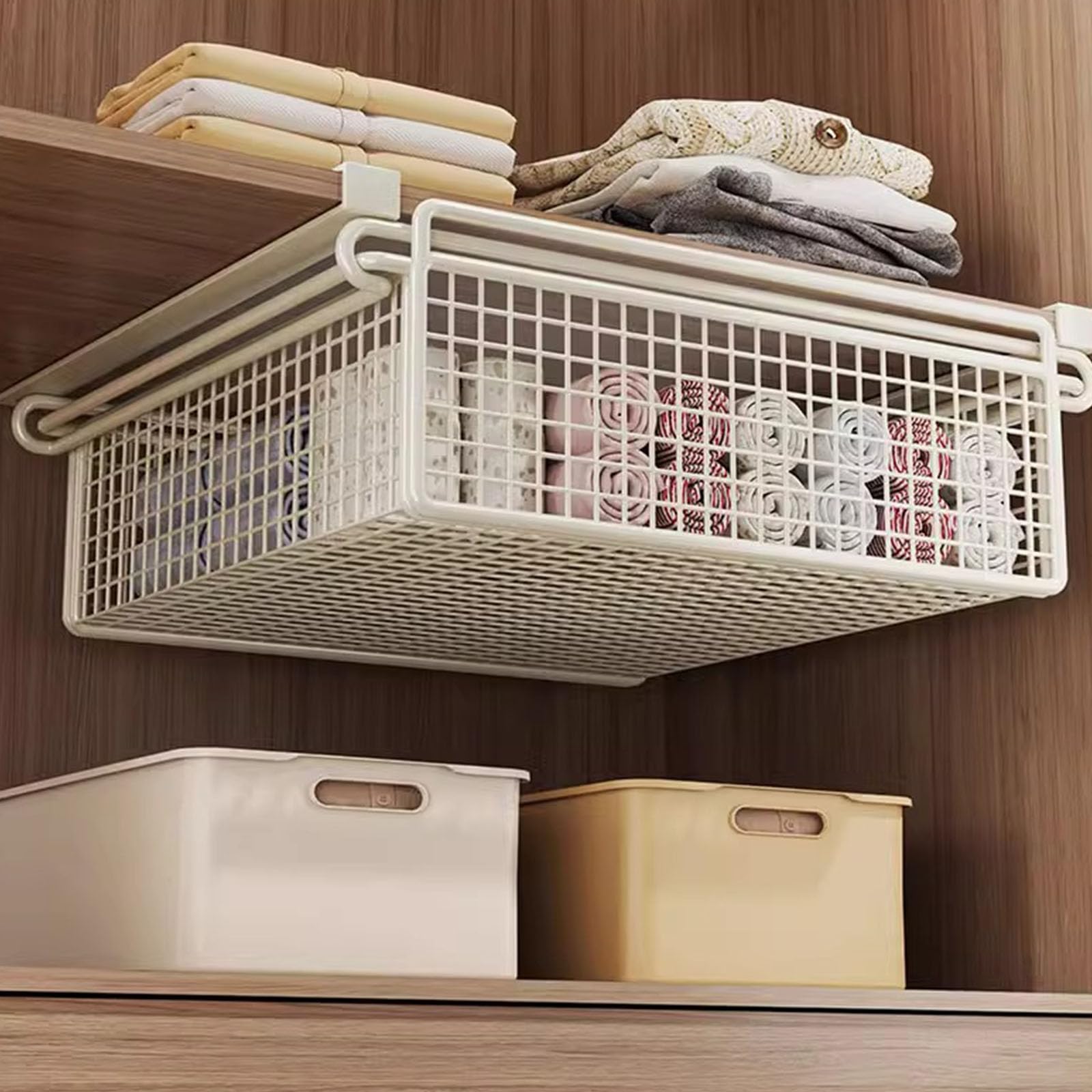 Panier de rangement suspendu métallique coulissant sous étagère multifonctionnel pour vêtements,économie d'espace,organisateur de garde-robe L - 2