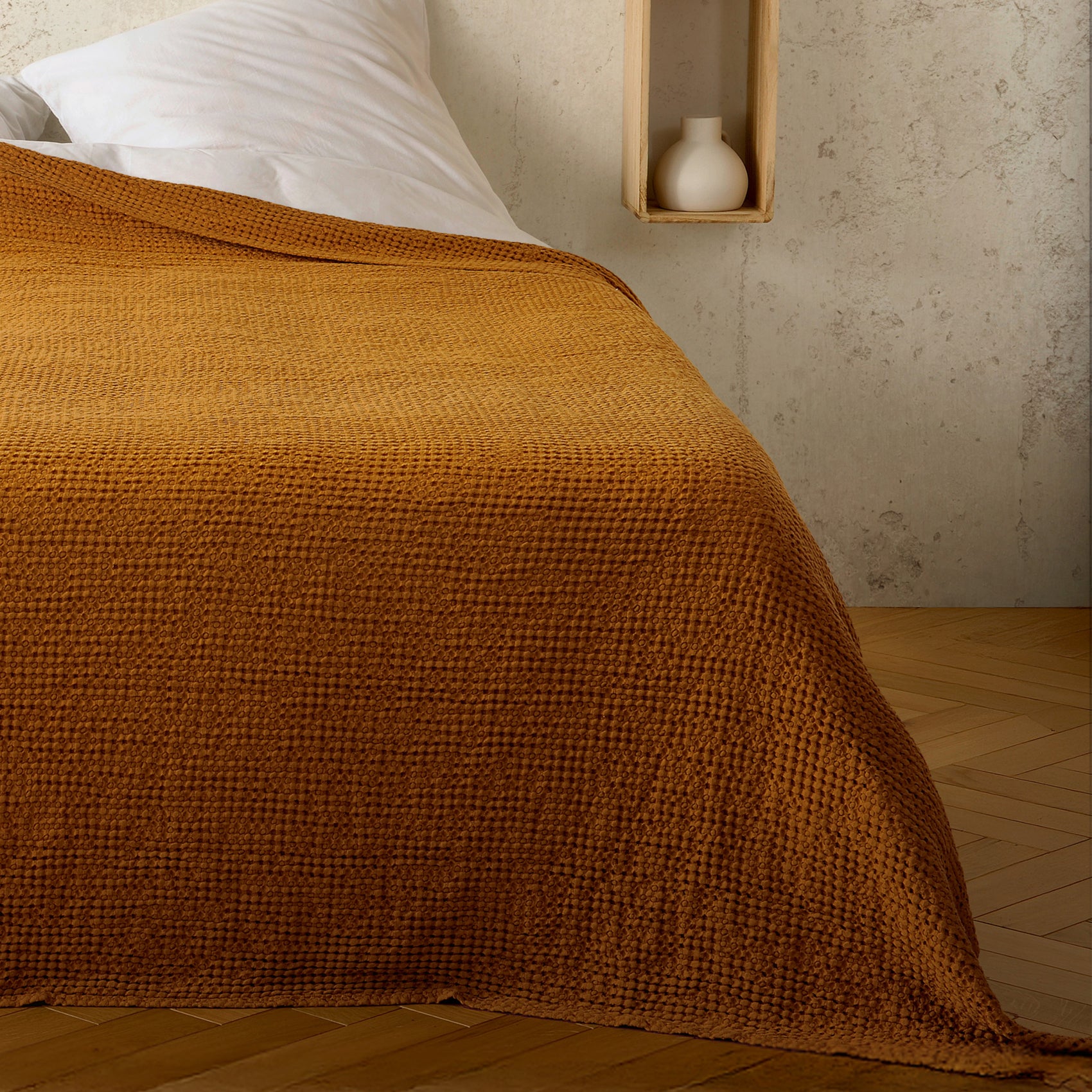 Plaid ou couvre lit 100% coton nid d’abeille - Jaune Ocre - 240x260 cm - Coton - 2