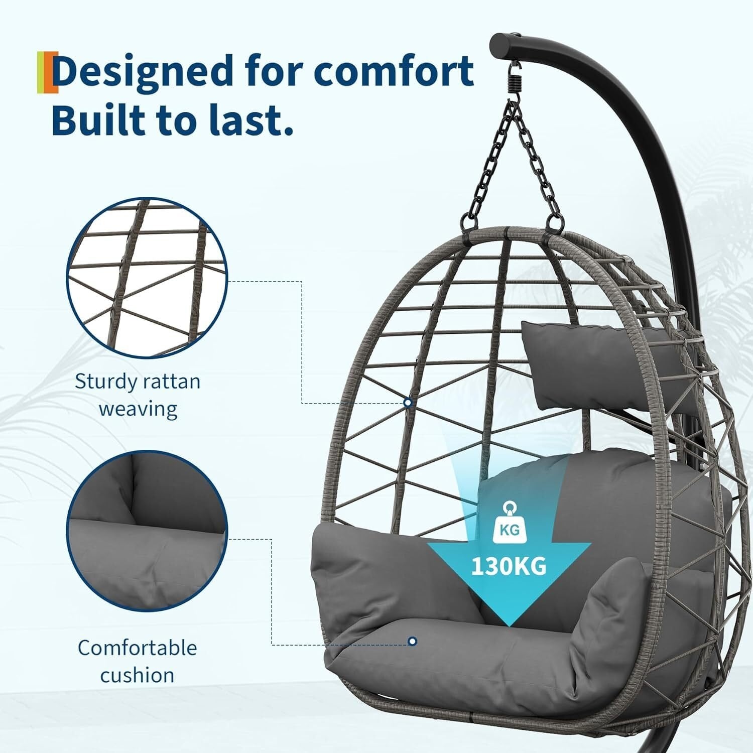 Fauteuil œuf suspendu en rotin avec support et coussin, pliable avec housse de protection, max 130 kg, pour intérieur et extérieur - 6