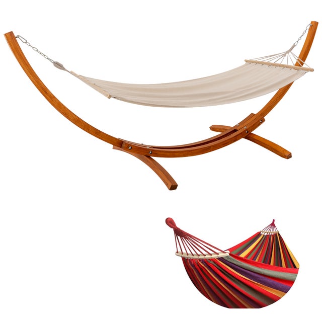Hamac sur Pied, 2 Hamacs Inclus (Blanc + Rouge), Supporte 200 kg, Support en Bois 320×120×120 cm HOMAVO