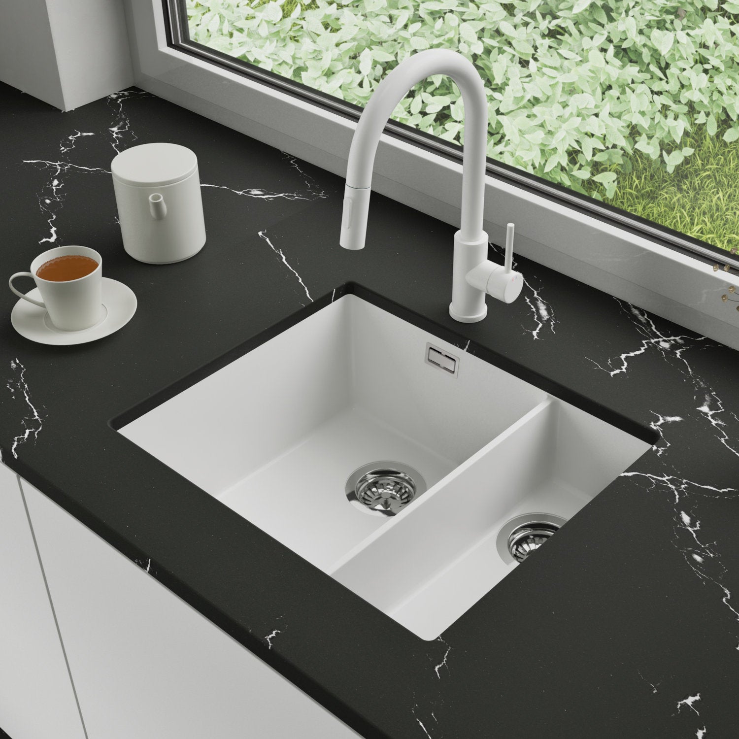 Zlewozmywak podblatowy 56x47cm, do szafki od 60cm + Bateria + Syfon - Agate Biały STONESTYLE