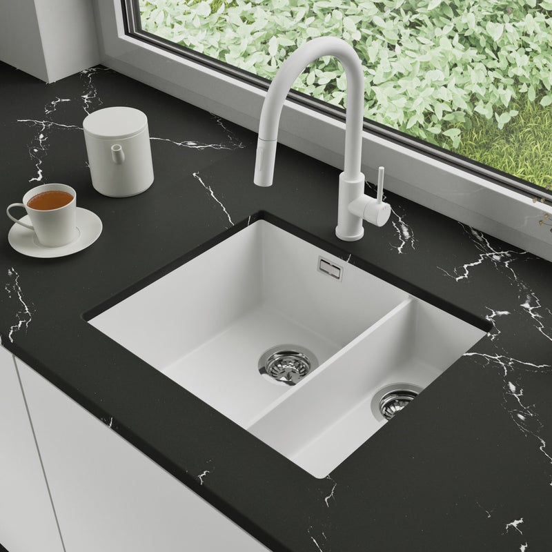 Zlewozmywak podblatowy 56x47cm, do szafki od 60cm + Bateria + Syfon - Agate Biały STONESTYLE