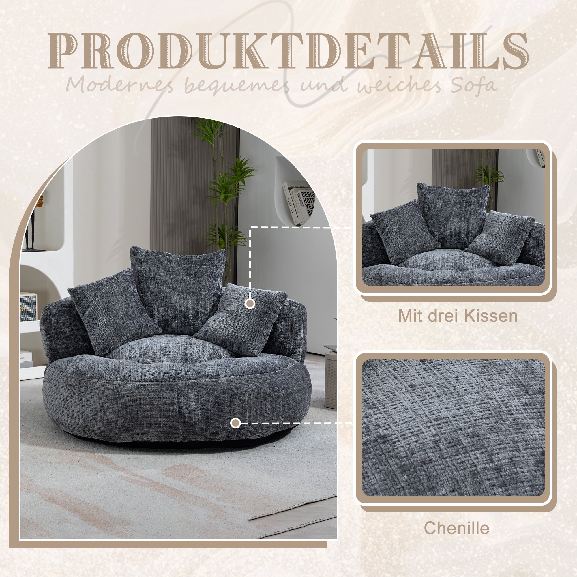 Sofá Puff Lazy Sofa Durável e Confortável com Encosto Alto e Três Almofadas para Adultos e Crianças, Ideal para Escritório (Chenille Cinza) - 2