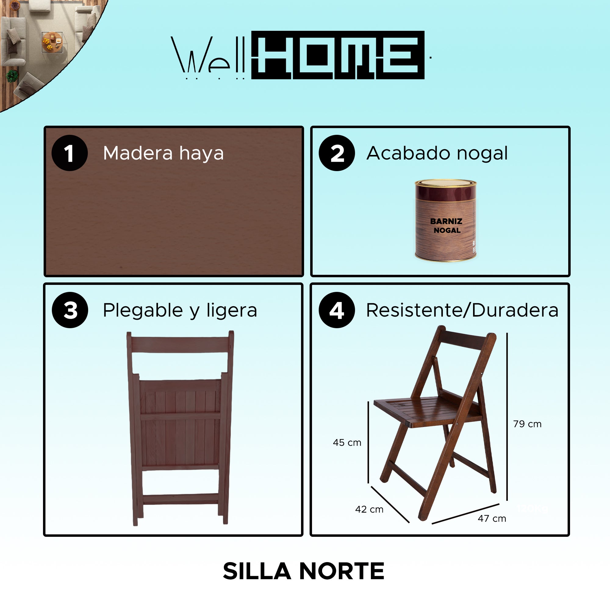 Cadeira WELL HOME FURNITURE & DECORATION NORTE em madeira de faia, acabamento em nogueira, 43x47x79 cm - 2