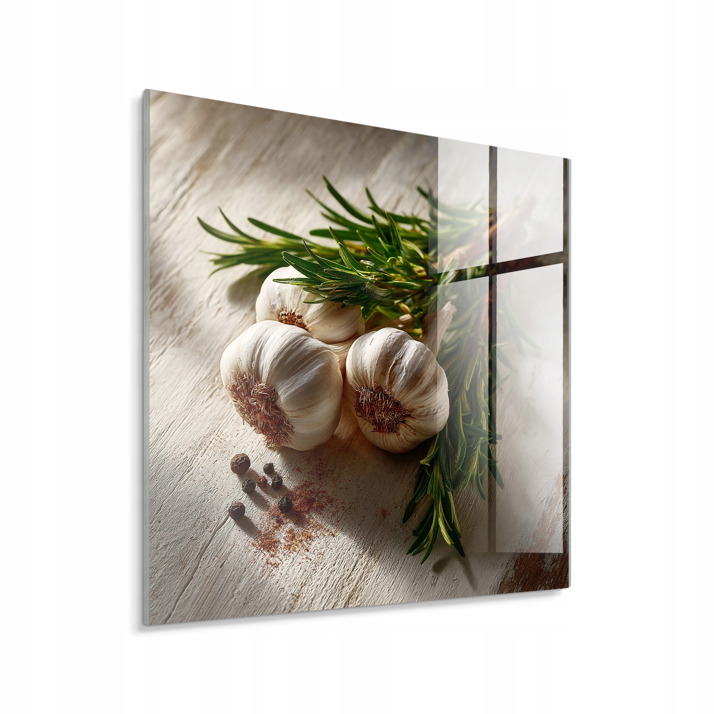 STYLER Tablou pe sticlă Glasspik căpățâni de usturoi și rozmarin 30 x 30 cm, pentru living, dormitor, hol și birou