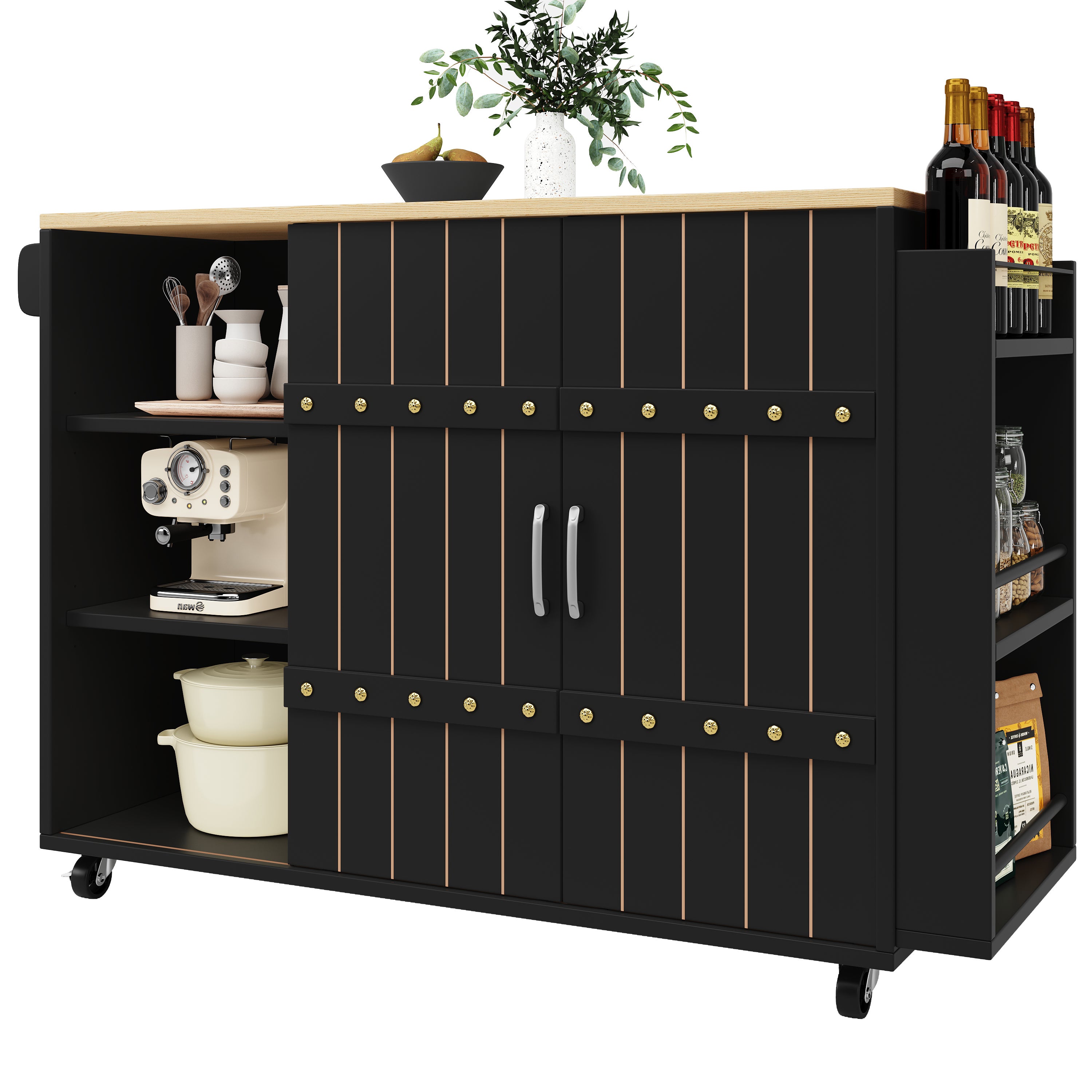 Isla de cocina móvil buffet puertas correderas/cajones carro mesa/ruedas/especiero/toallero madera negro