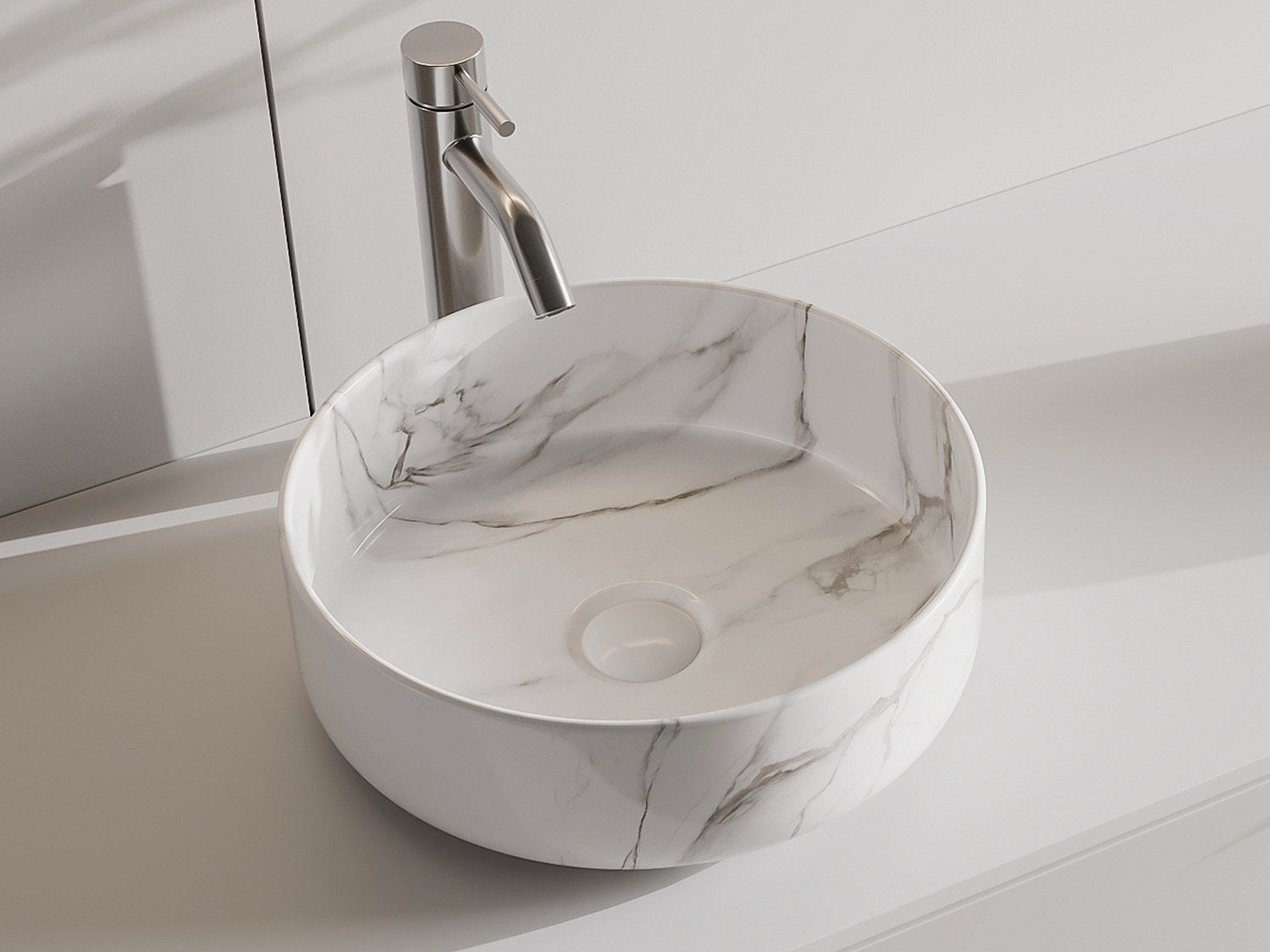Umywalka nablatowa okrągła z białej ceramiki z efektem marmuru - 36 cm - VIAMARBA