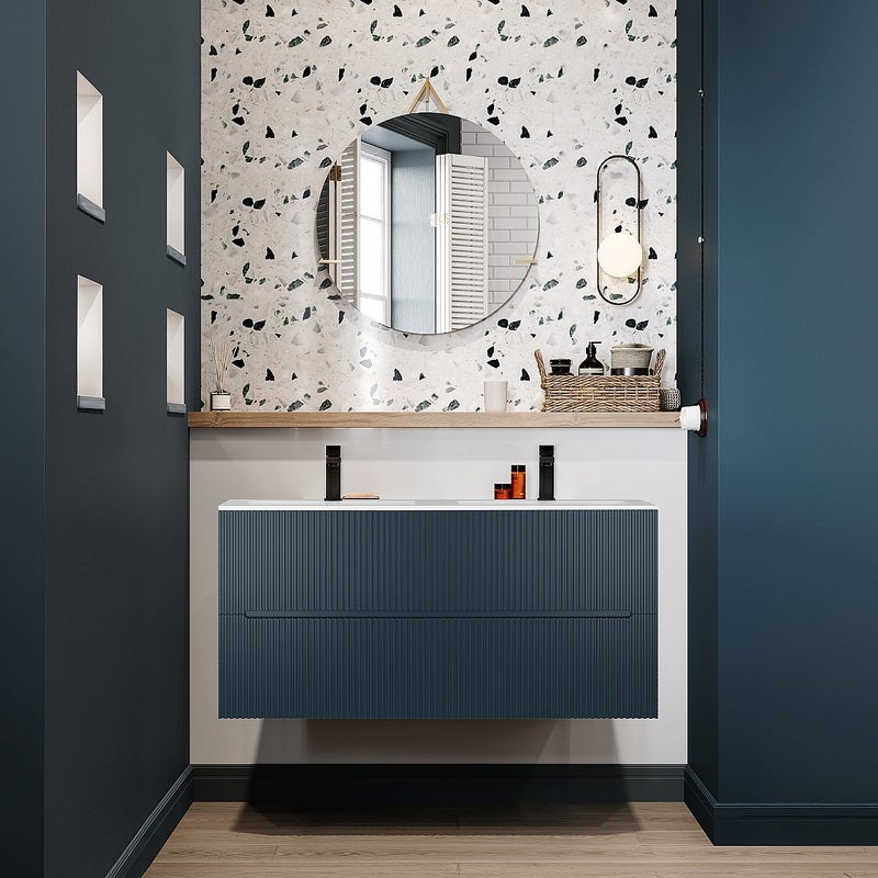 Szafka pod umywalkę wisząca ryflowana niebieska - 120 cm - PAVANI