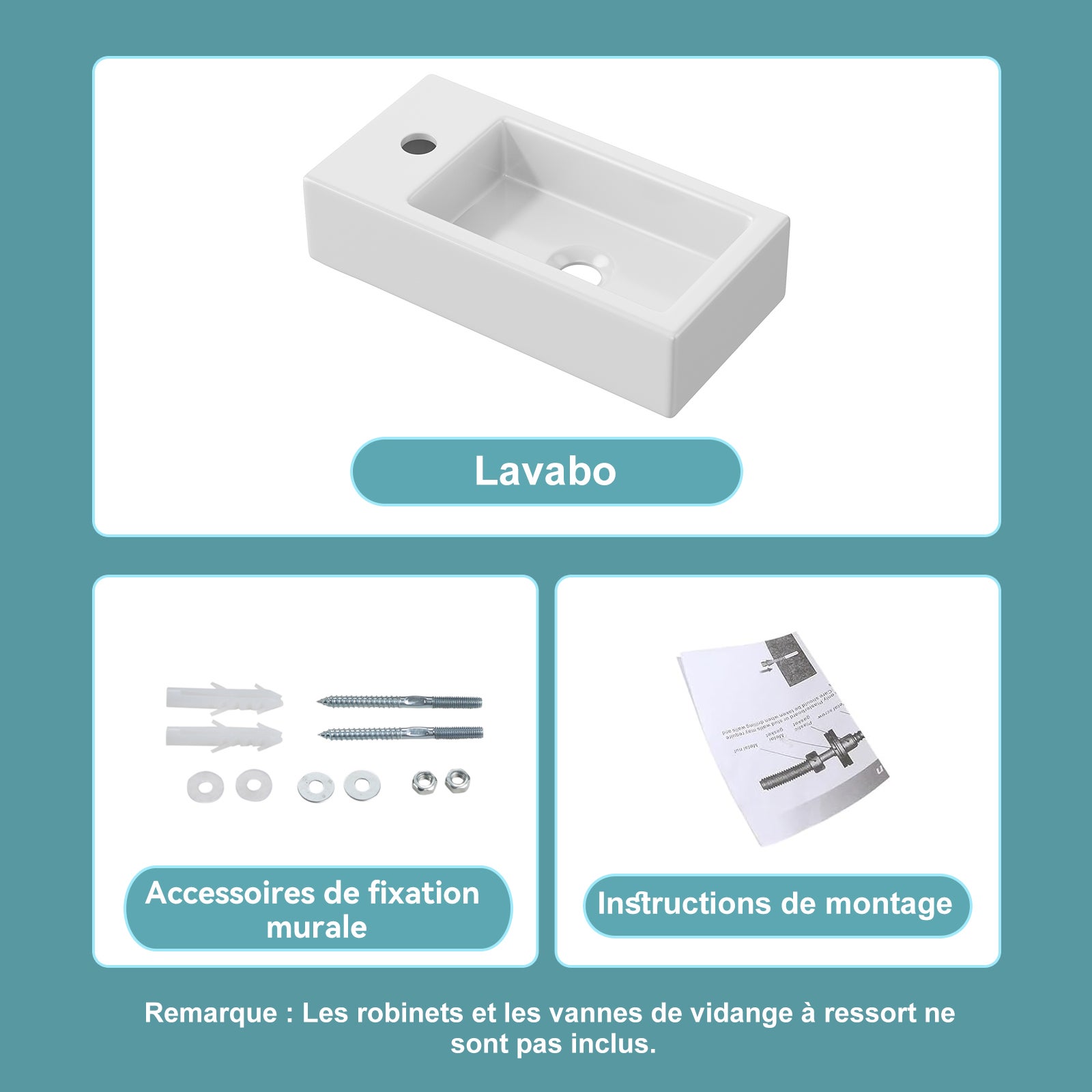 Lavabo Suspendu Salle de Bain, Petit Lavabo WC, Vasque de toilette invités, Mini Lavabo en Céramique, 37 x 18.5 x 9 cm HOROW - 7