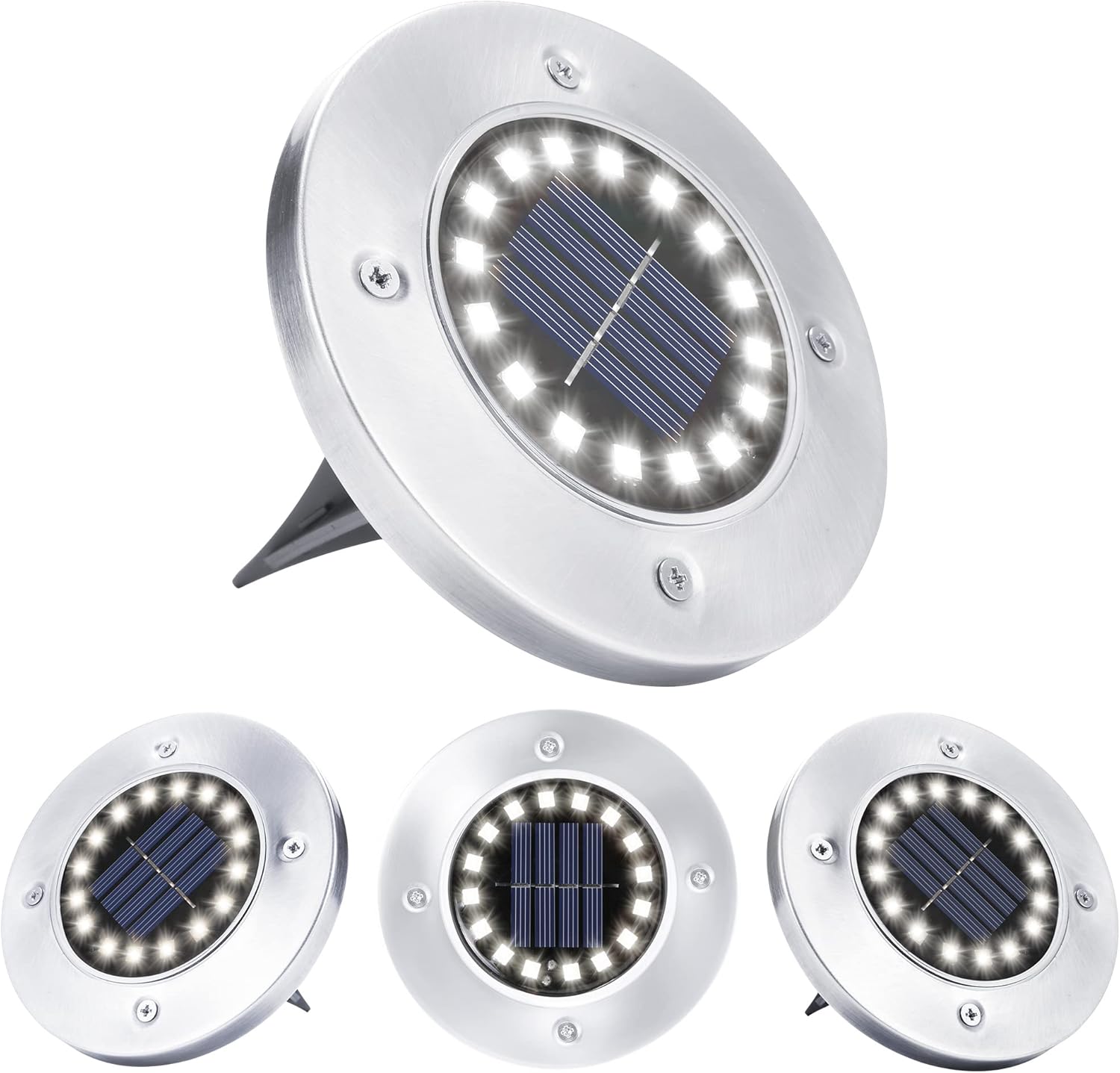 Lampy solarne ogrodowe, 4 sztuki, 16 diod LED, zewnętrzne lampy solarne, wpuszczane reflektory ze stali nierdzewnej, wodoodporne, zimna biel