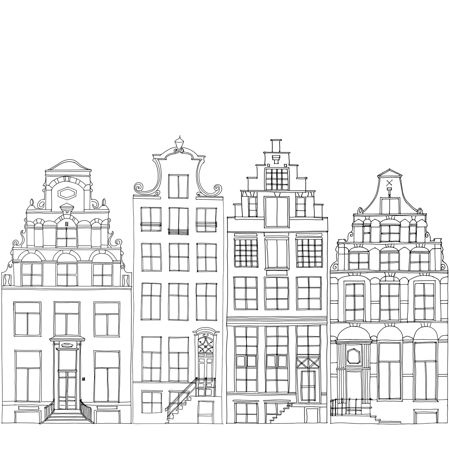 Fototapeta narysowane domy nad kanałem w Amsterdamie czarnymIbiałym - 300 x 279 cm - ESTAHOME