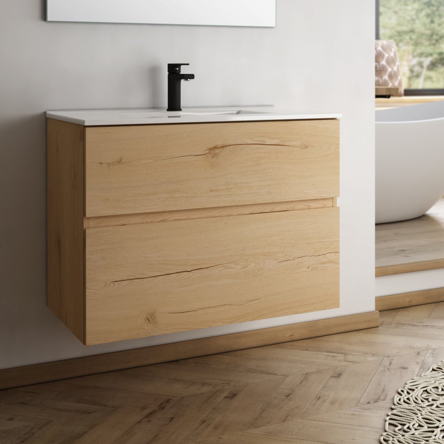 Meuble de salle de bain simple vasque - 2 tiroirs - MIG et miroir Led STAM - roble (chêne clair) - 80cm - 2