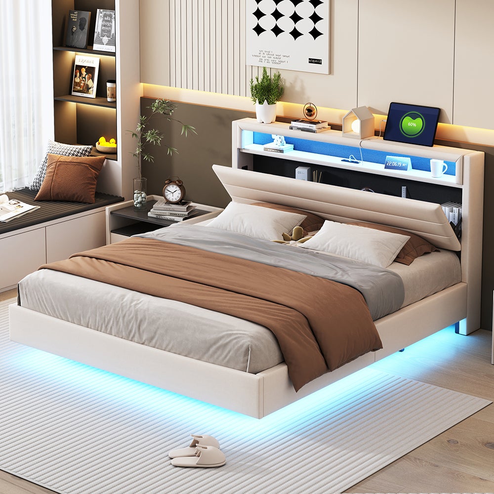 Lit adulte 160x200 cm Double avec connexion USB et éclairage LED Pied de lit caché Lin Beige - 5