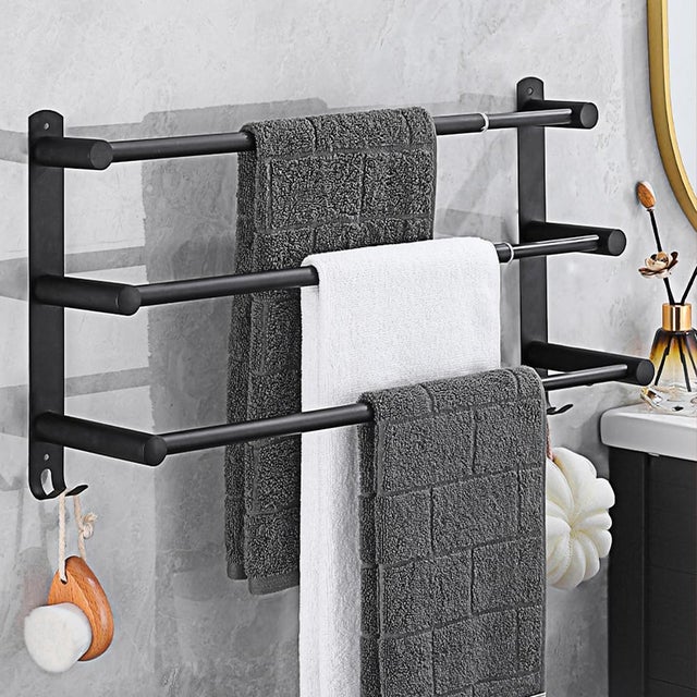 Porte-serviettes de salle de bain en acier inoxydable, rétractable 43-78 cm (noir, 3 niveaux)