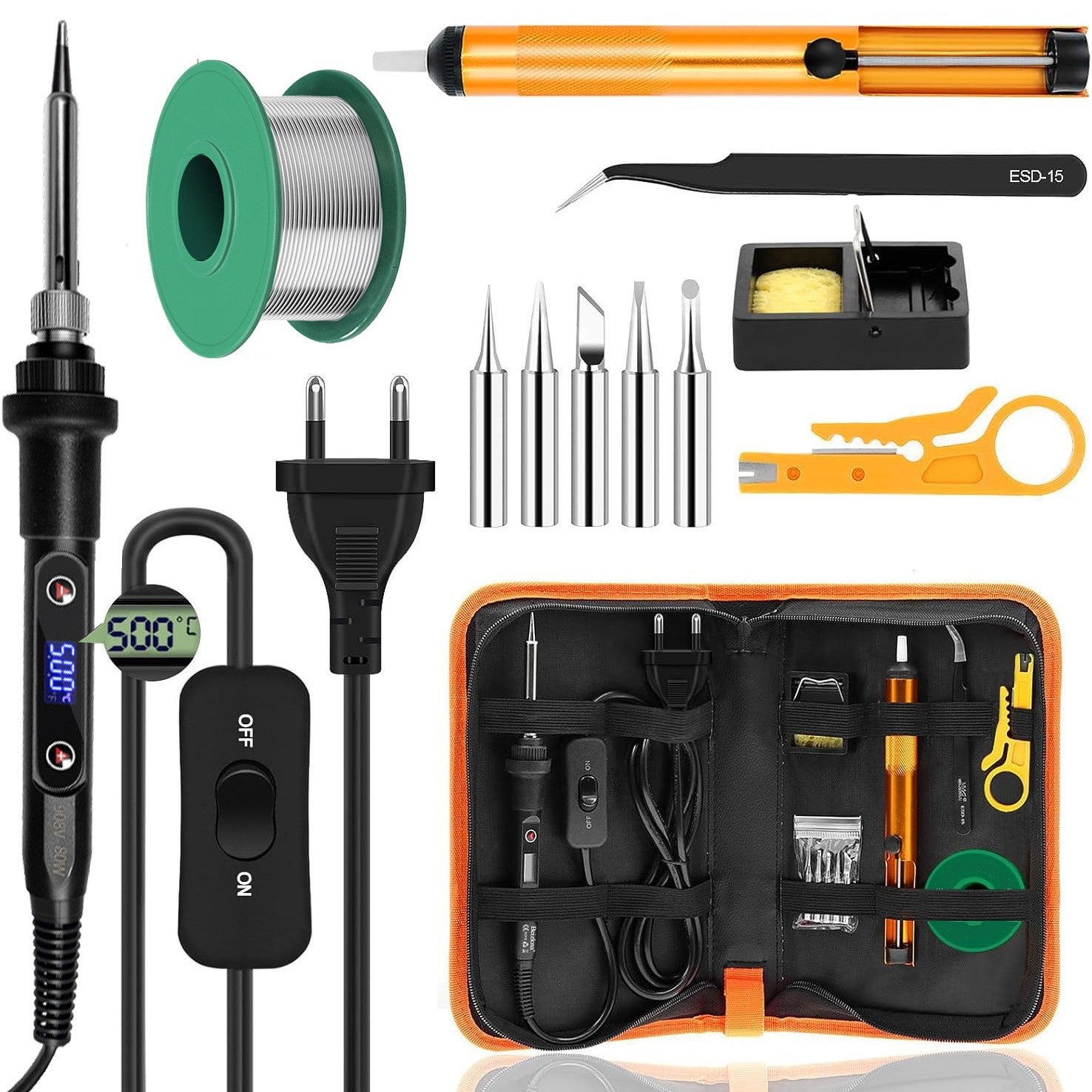 Kit Fer à Souder 80W Température Réglable 180-500°C - Avec Pompe à Dessouder, 5 Pointes, Fil D'étain Et Mallette