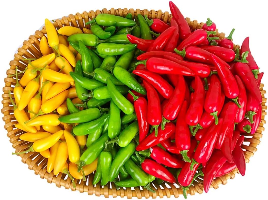Zestaw 300 sztuk trójkolorowych (czerwonych, żółtych, zielonych) mini sztucznych papryczek chili, realistyczne, do dekoracji wnętrz