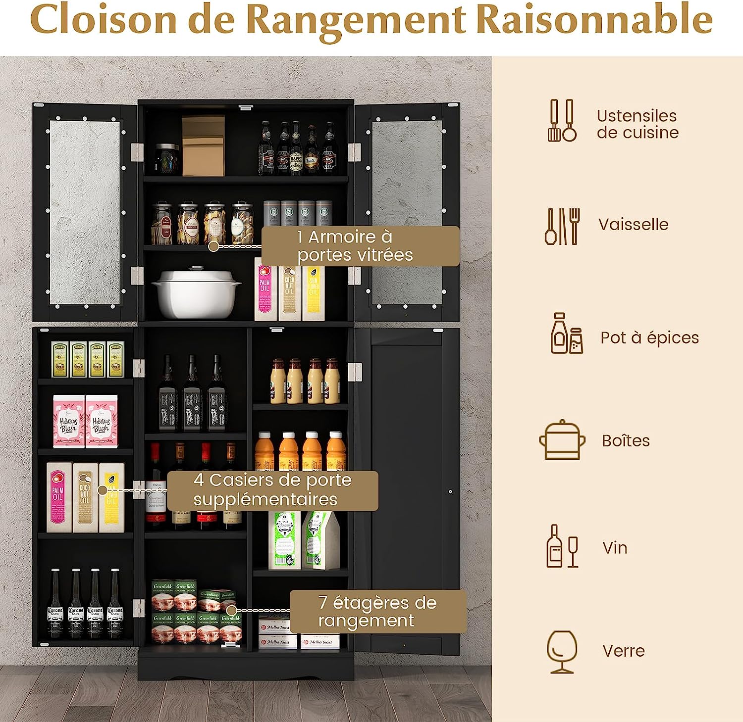 Credenza da Cucina, Dispensa da Cucina con Doppia Porta in Vetro Temperato, Design Antiribaltamento, Ideale per Soggiorno Sala da Pranzo e Cuc - 4