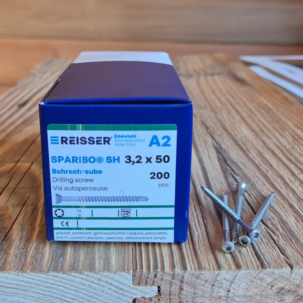 Boîte 200 Vis autoperceuses SPARIBO® SH pour Bardage et Lambris - Tête fraisée bombée - 3,2 x 50 mm - Filetage partiel - TX10 - Acier inox A2 - Brut - 2