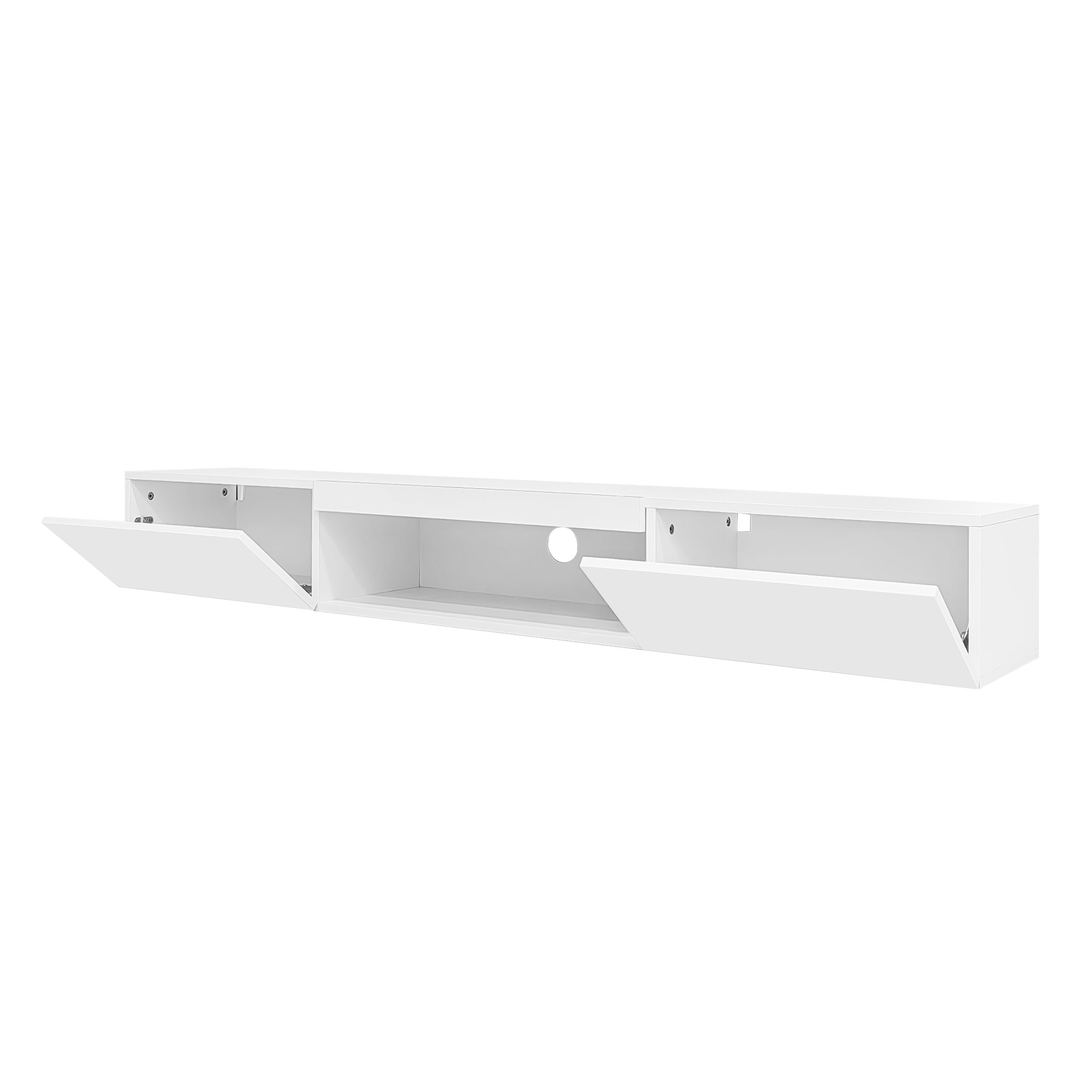 Meuble TV suspendu 160cm - 1 compartiment ouvert & 2 portes abattantes - aspect brillant - Blanc - 8